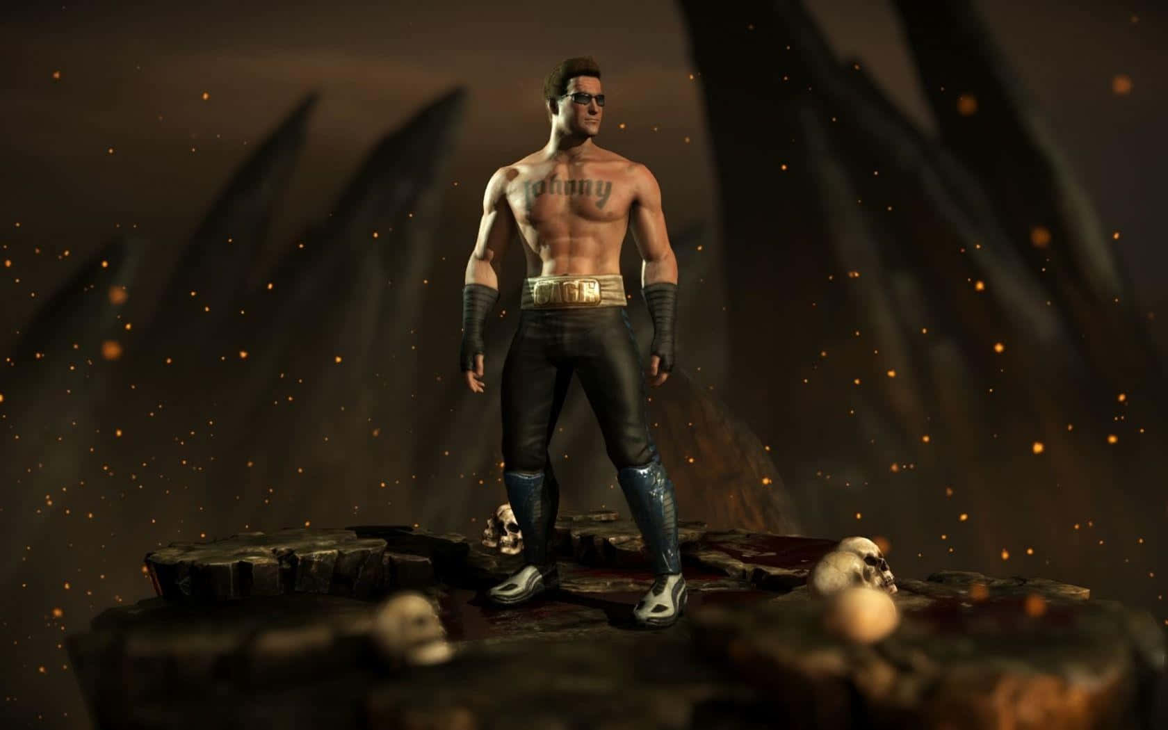 Johnny Cage 桌布 壁紙 — 一個肌肉發達的戰士，胸前紋有「Johnny」，在戲劇性的燈光下自信地站在一個佈滿頭骨的平台上。