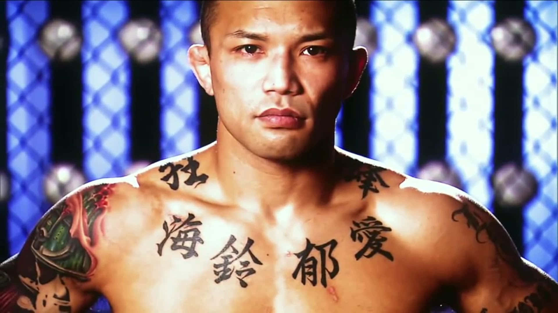 MMA 桌布 壁紙 — 一個肌肉發達的戰士，胸前紋有中文字，在藍色鐵絲網背景下凝視著。