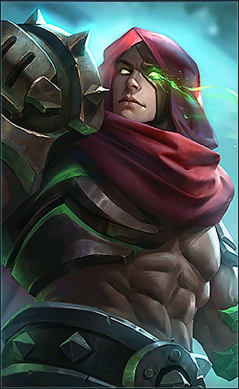 奇幻戰士，擁有發光的綠色眼睛和紅色兜帽，身穿戰鬥盔甲。 — Mobile Legends 動態圖 壁紙