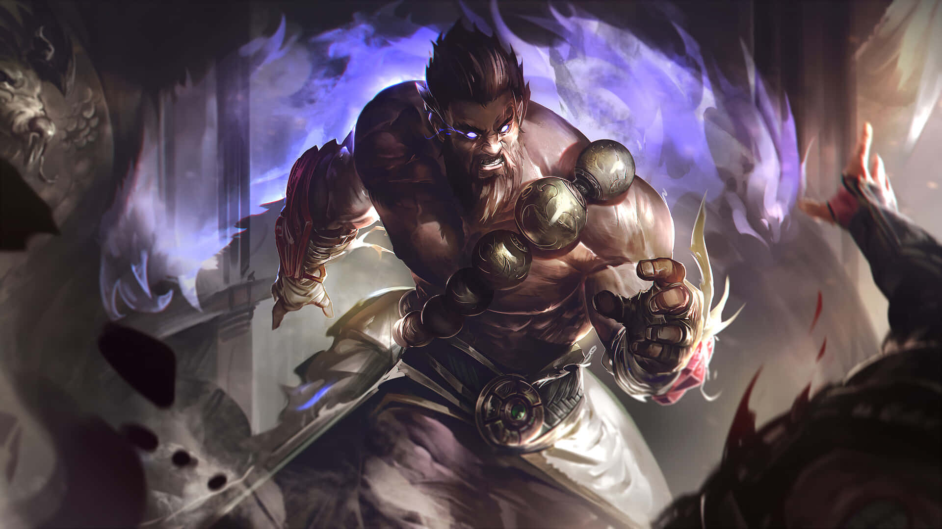 1920x1080 League Of Legends 桌布 壁紙 — 一個肌肉發達的戰士，雙眼發光，戴著金屬護臂，在旋轉的紫色能量和破碎的碎片中向前衝鋒。