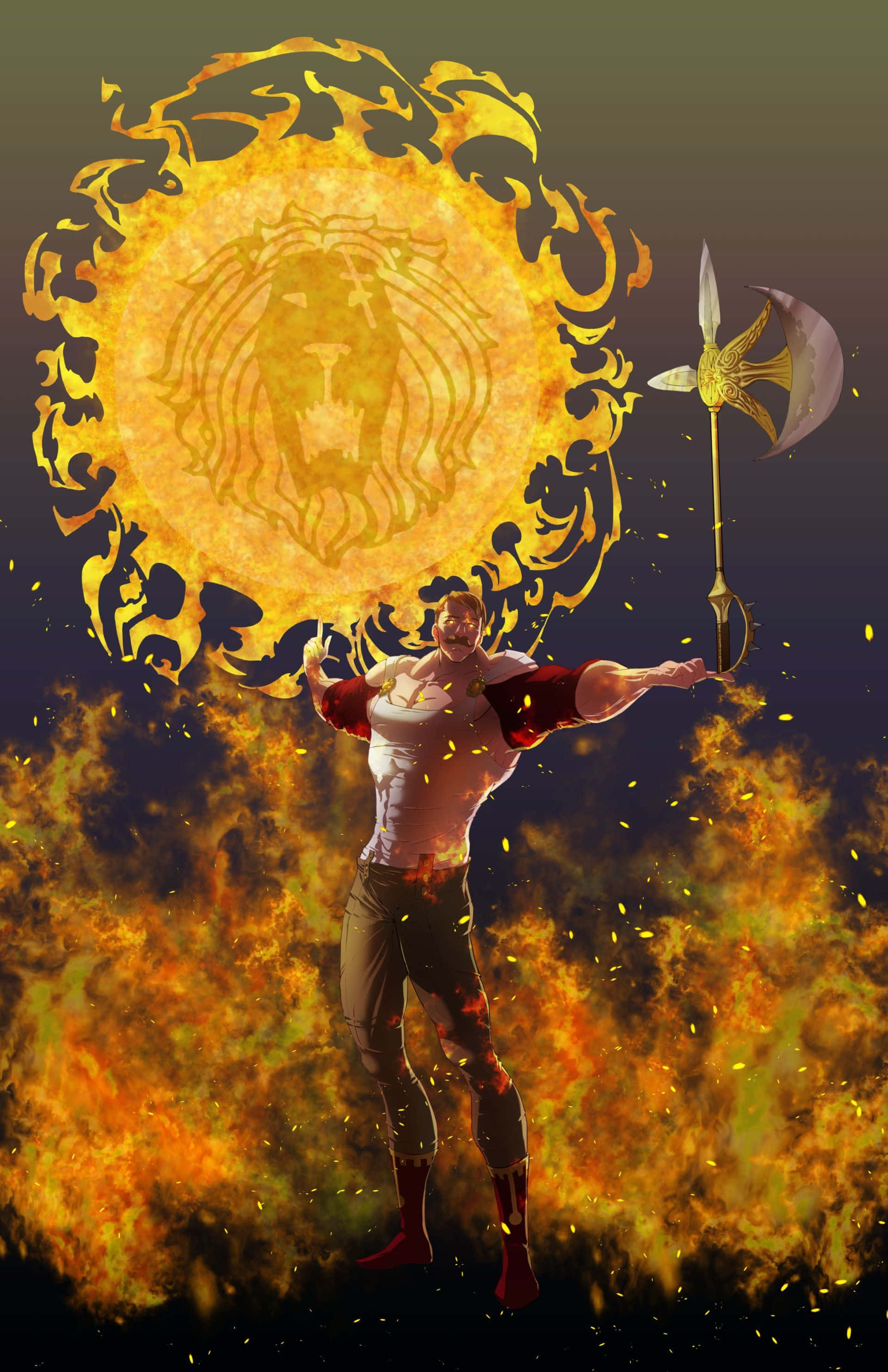 Escanor 桌布 壁紙 — 一個肌肉發達的戰士在一個被火焰包圍、帶有獅子臉的熾熱太陽標誌前揮舞著火焰斧頭。