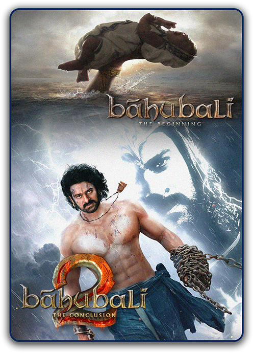 Baahubali 桌布 壁紙 — 一個肌肉發達的戰士在暴風雨背景下與鎖鏈搏鬥，一個巨大的身影在波濤洶湧的水面上跳躍。