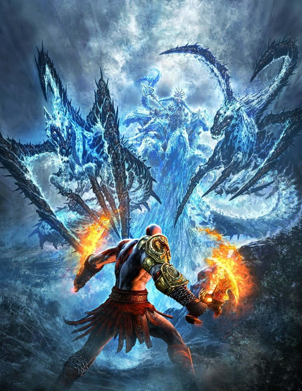 Dragons 桌布 壁紙 — 一個肌肉發達的戰士在暴風雨般的神話戰鬥場景中揮舞著火焰武器對抗巨大的冰龍。