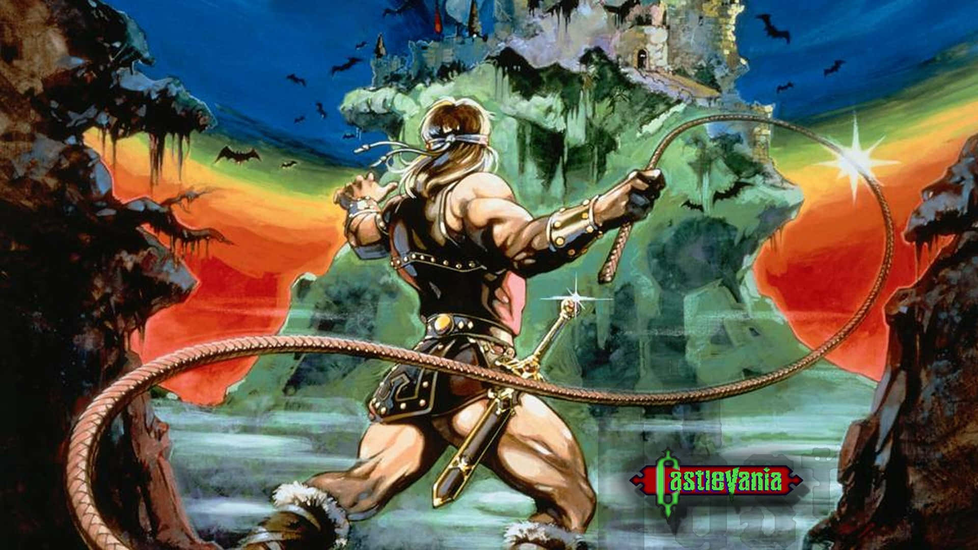 Castlevania 桌布 壁紙 — 一個肌肉發達的戰士在蝙蝠飛翔的熾熱日落天空下，以哥德式城堡為背景揮舞鞭子。