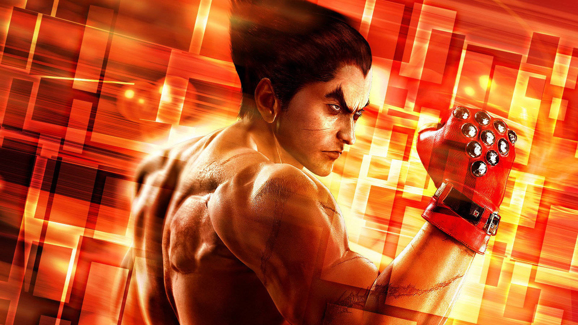 kazuya mishima 桌布 壁紙 — 一個肌肉發達的戰士戴著紅色尖刺手套，在發光的橙色方塊構成的火熱抽象背景前擺出動態姿勢。