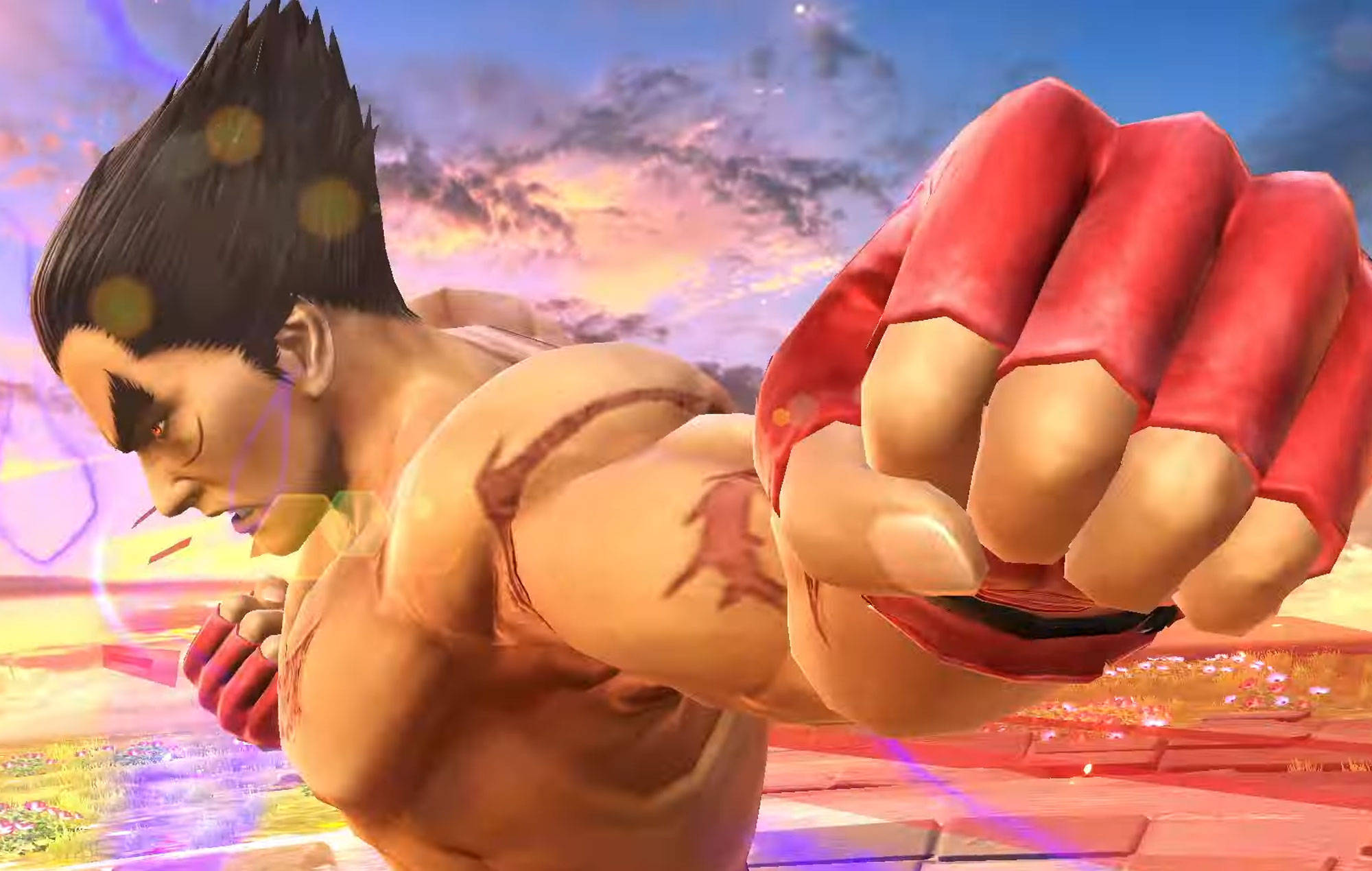 kazuya mishima 桌布 壁紙 — 一個肌肉發達的戰士戴著紅色手套，在充滿活力的日落天空背景下以動態姿勢向前猛衝。