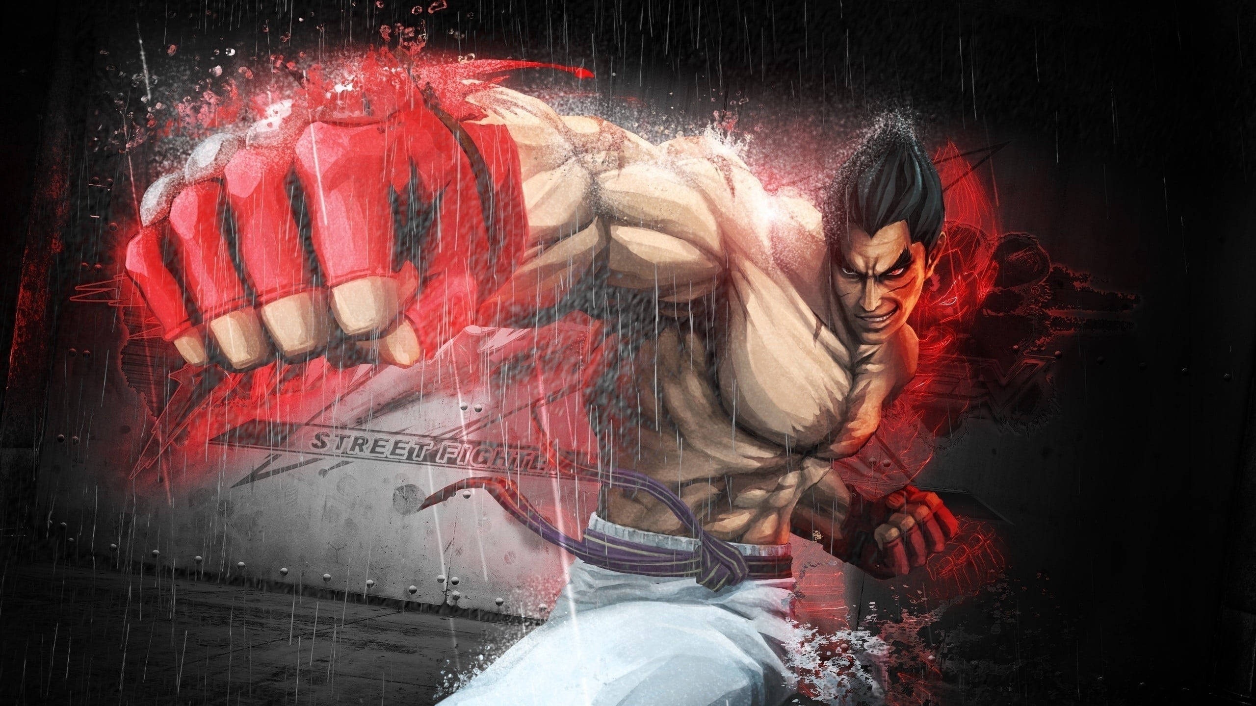 kazuya mishima 桌布 壁紙 — 一個肌肉發達的戰士戴著紅色手套，在雨淋的場景中帶著血濺和戲劇性燈光向前出拳。