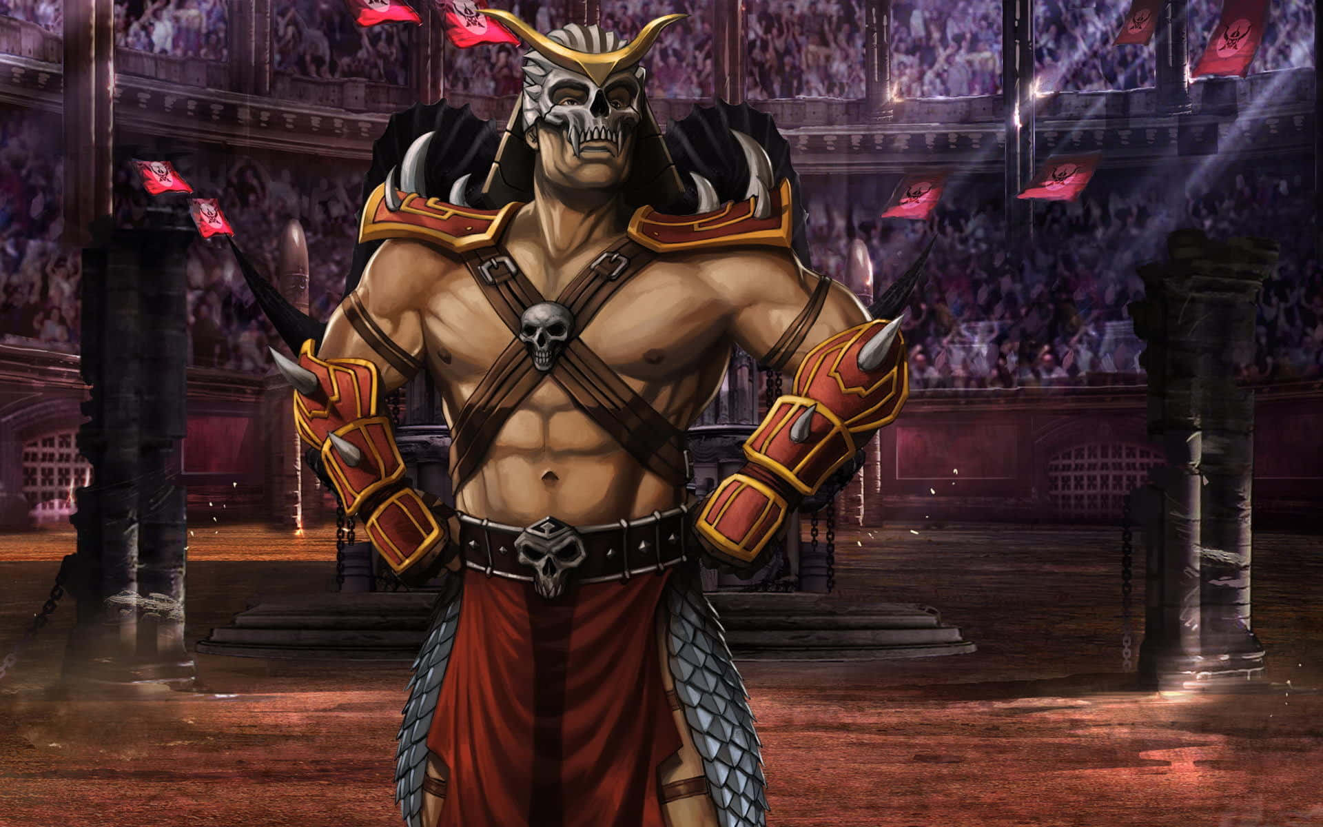 Mortal Kombat Shao Kahn 桌布 壁紙 — 一個肌肉發達的戰士戴著骷髏面具和華麗盔甲，在戲劇性燈光下挑釁地站在擁擠的競技場中。