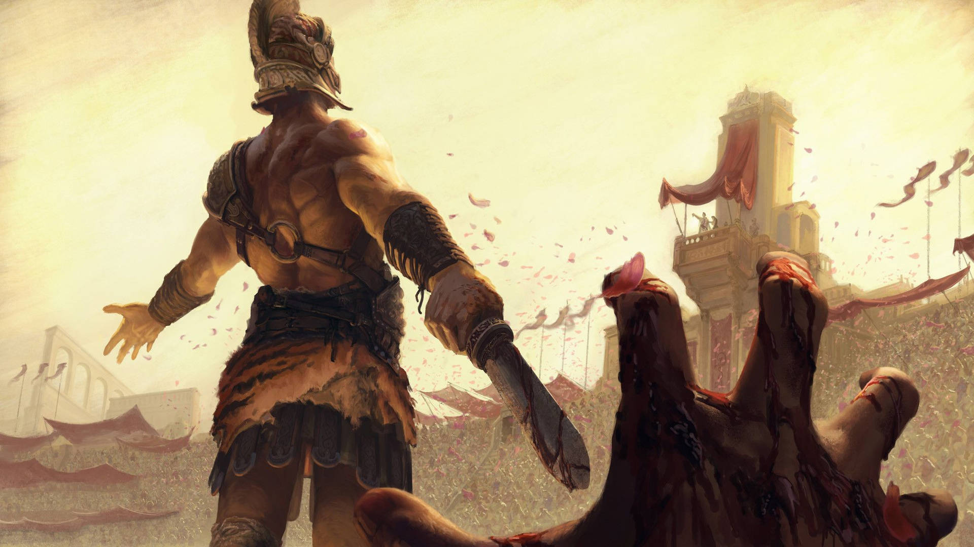 Gladiator 桌布 壁紙 — 一個肌肉發達的戰士穿著古代盔甲，在塵土飛揚的競技場上，在朦朧的天空下，勝利地站在倒下的敵人之上。
