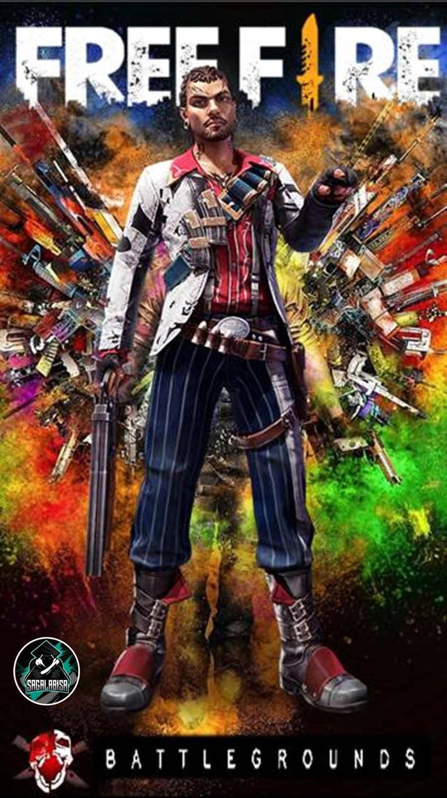 game 桌布 壁紙 — 一個肌肉發達的戰士穿著條紋褲和戰術裝備，挑釁地站在爆炸的槍械中，背景是火熱多彩的。