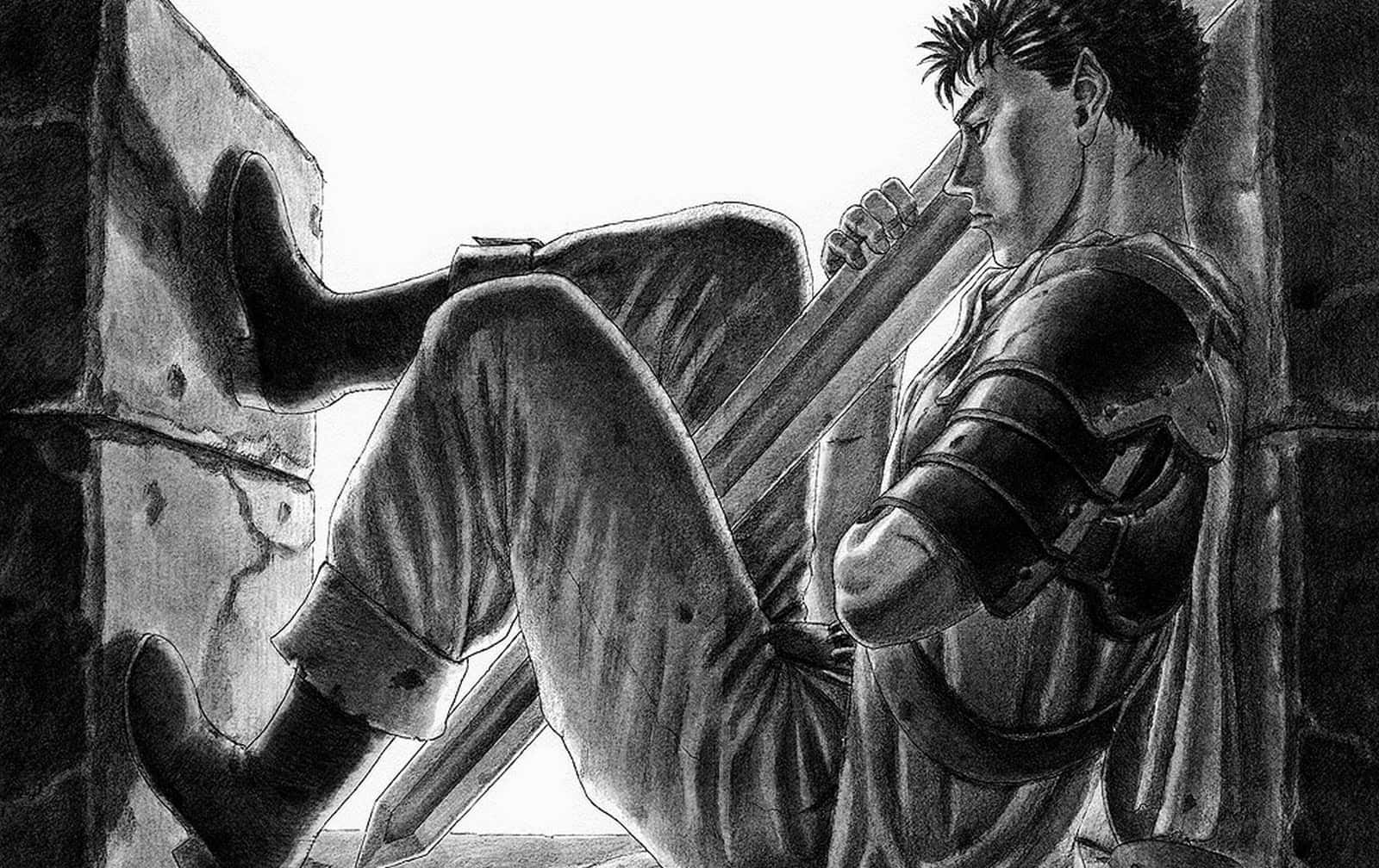 Berserk Manga 桌布 壁紙 — 一個肌肉發達的戰士穿著盔甲靠在石牆上，手持劍，一幅戲劇性的黑白插圖。