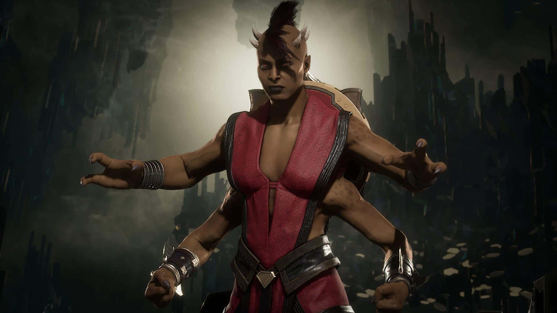 Mortal Kombat Sheeva 桌布 壁紙 — 一個肌肉發達的戰士穿著紅色和黑色盔甲，在朦朧的天空下，以黑暗、破敗的城市景觀為背景，擺出戲劇性的姿勢。