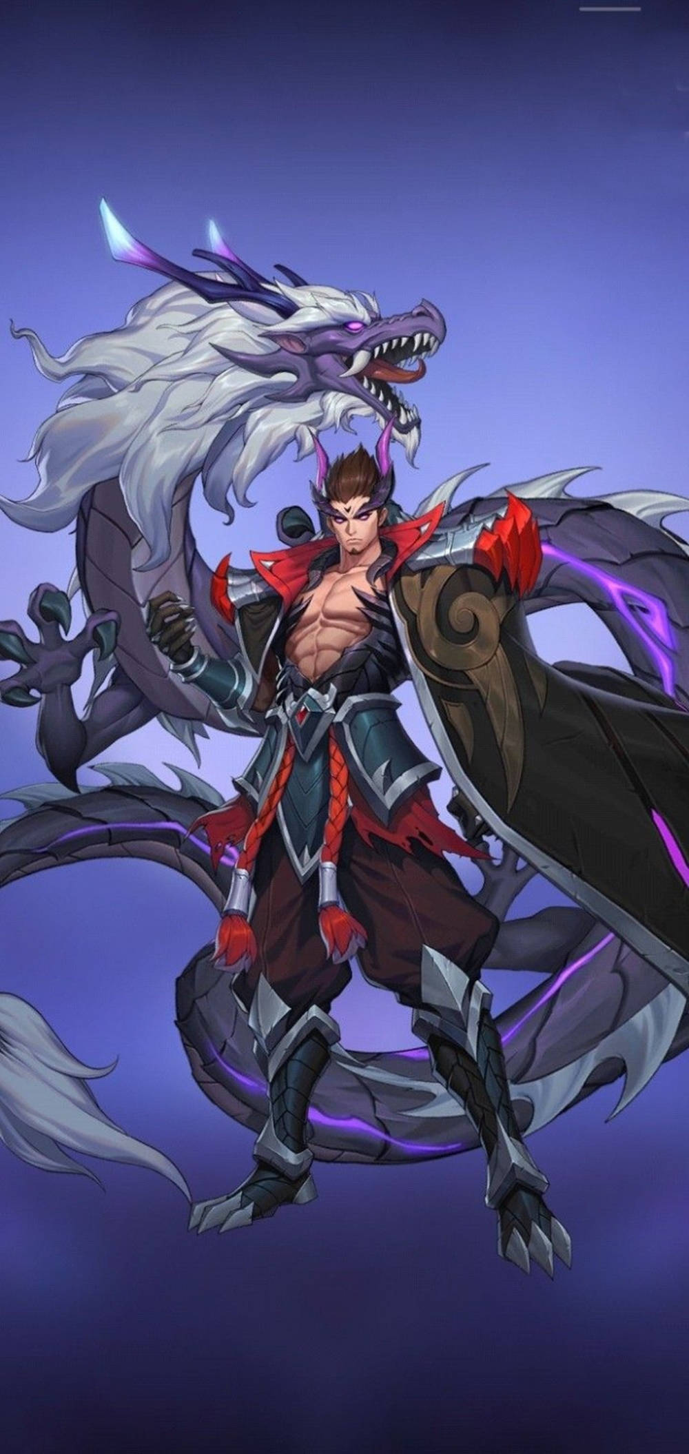 龍 桌布 壁紙 — 一個肌肉發達的戰士穿著紅色盔甲，和一隻帶有紫色點綴的大型白色龍，站在深紫色背景前。