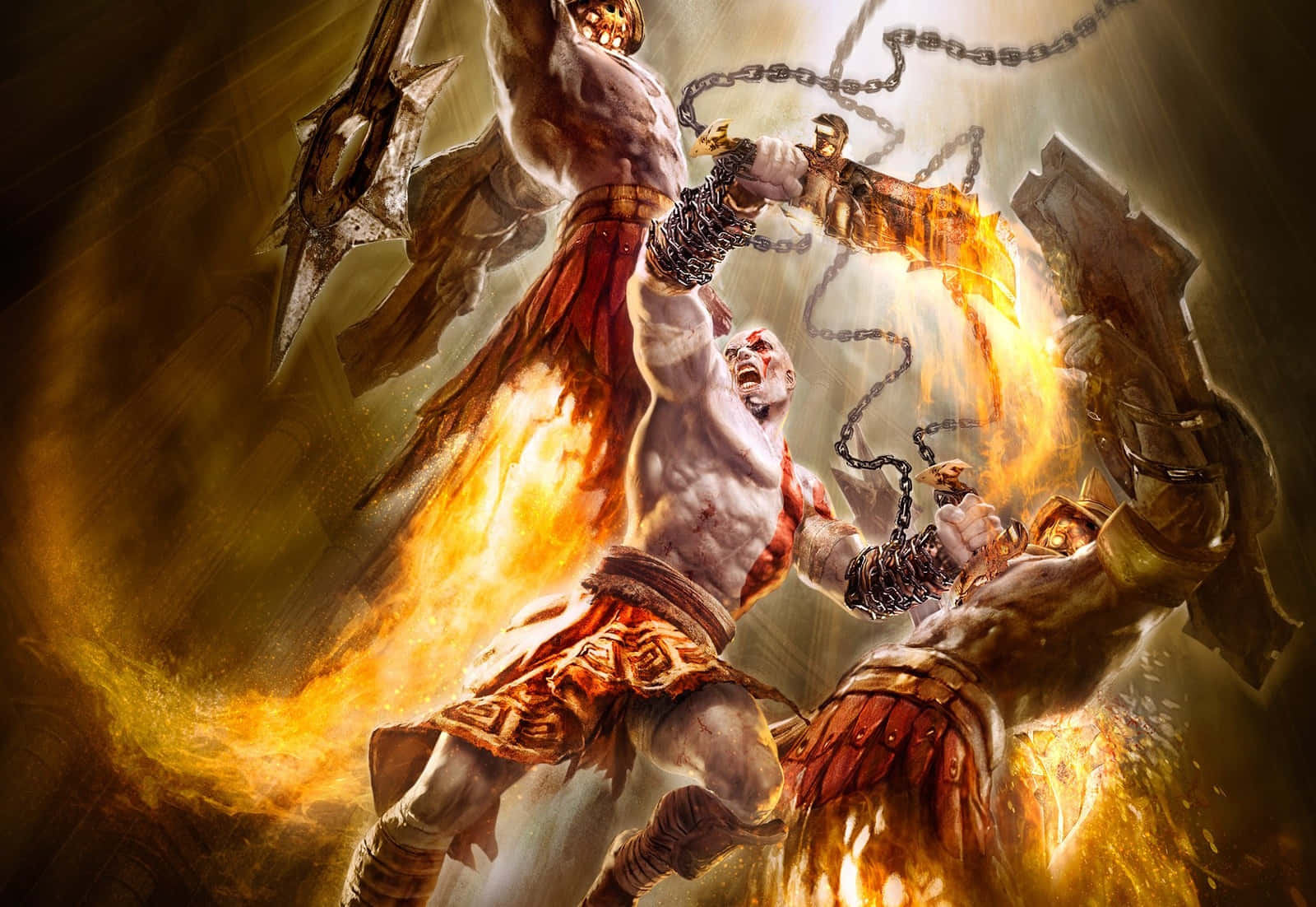 God Of War Characters 桌布 壁紙 — 一個肌肉發達的戰士穿著紅色纏腰布，在熾熱的戰鬥場景中揮舞著火焰鏈武器對抗一個怪物般的敵人。