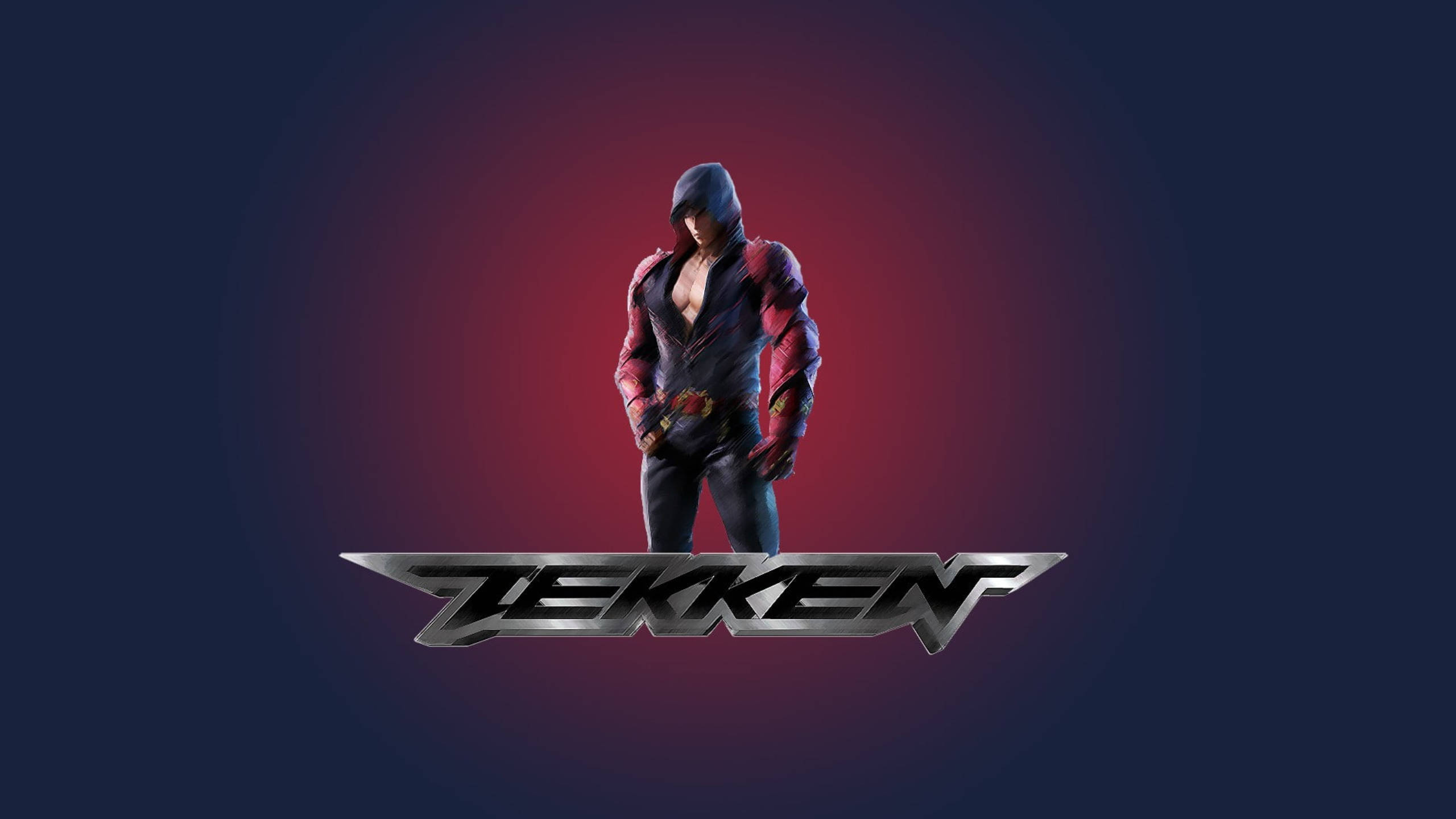 Tekken 桌布 壁紙 — 一個肌肉發達的戰士穿著紅黑連帽服裝，自信地站在發光的紅色漸變背景前，下方有金屬字體的名字「Zekken」。