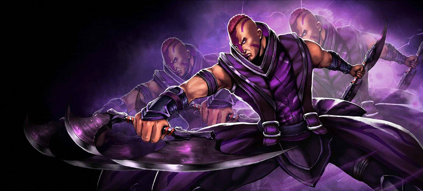 Anti-mage 桌布 壁紙 — 一個肌肉發達的戰士穿著紫色盔甲，在黑暗煙霧繚繞的背景中揮舞著一把帶有發光能量的彎曲刀刃。