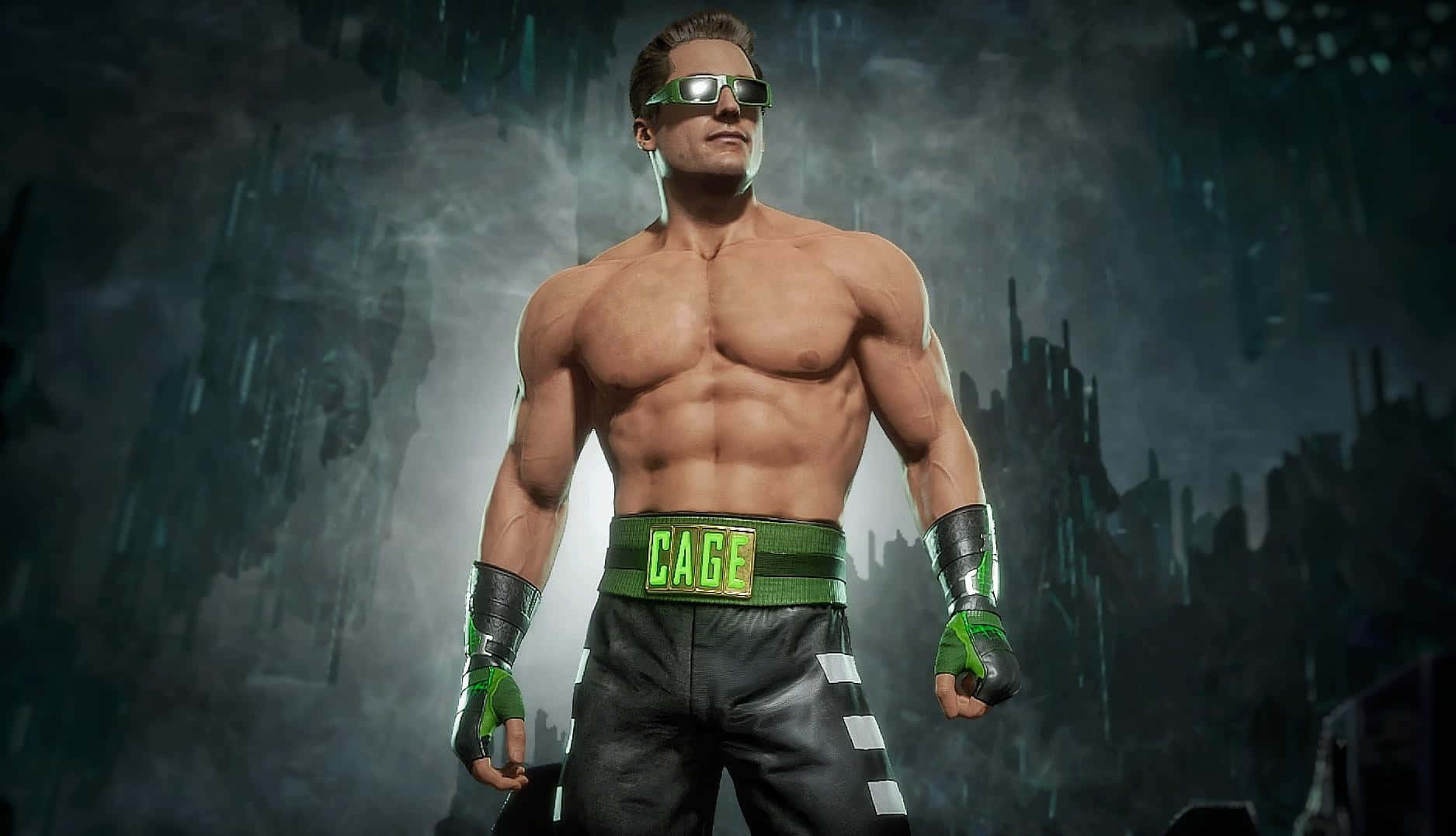 Johnny Cage 桌布 壁紙 — 一個肌肉發達的戰士穿著綠色和黑色的裝備，在暴風雨的天空下自信地站在黑暗的未來城市景觀前。