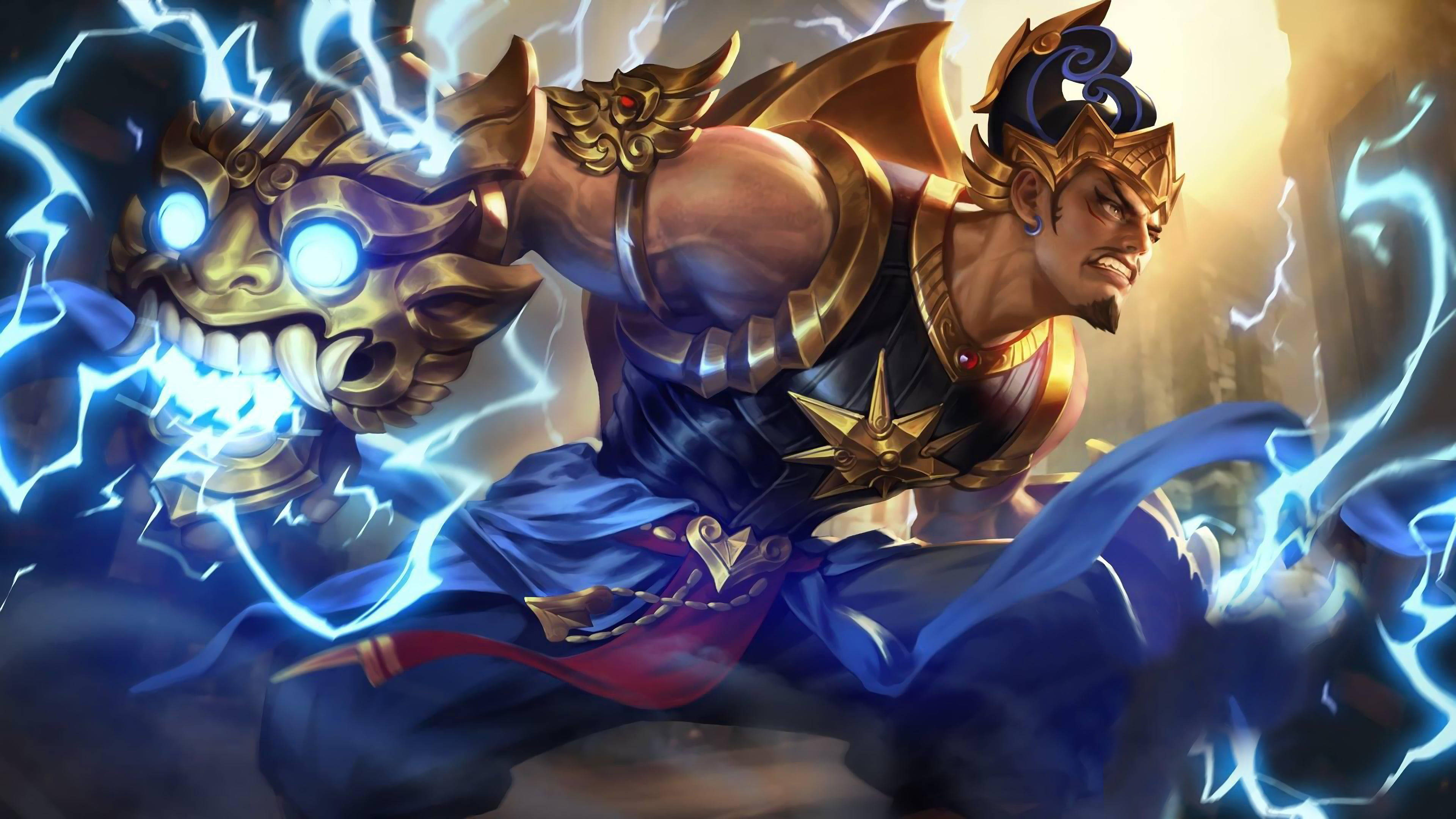 heroes 桌布 壁紙 — 一個肌肉發達的戰士穿著華麗的金色盔甲，在黑暗風暴背景下揮舞著閃電賦能的頭骨武器。
