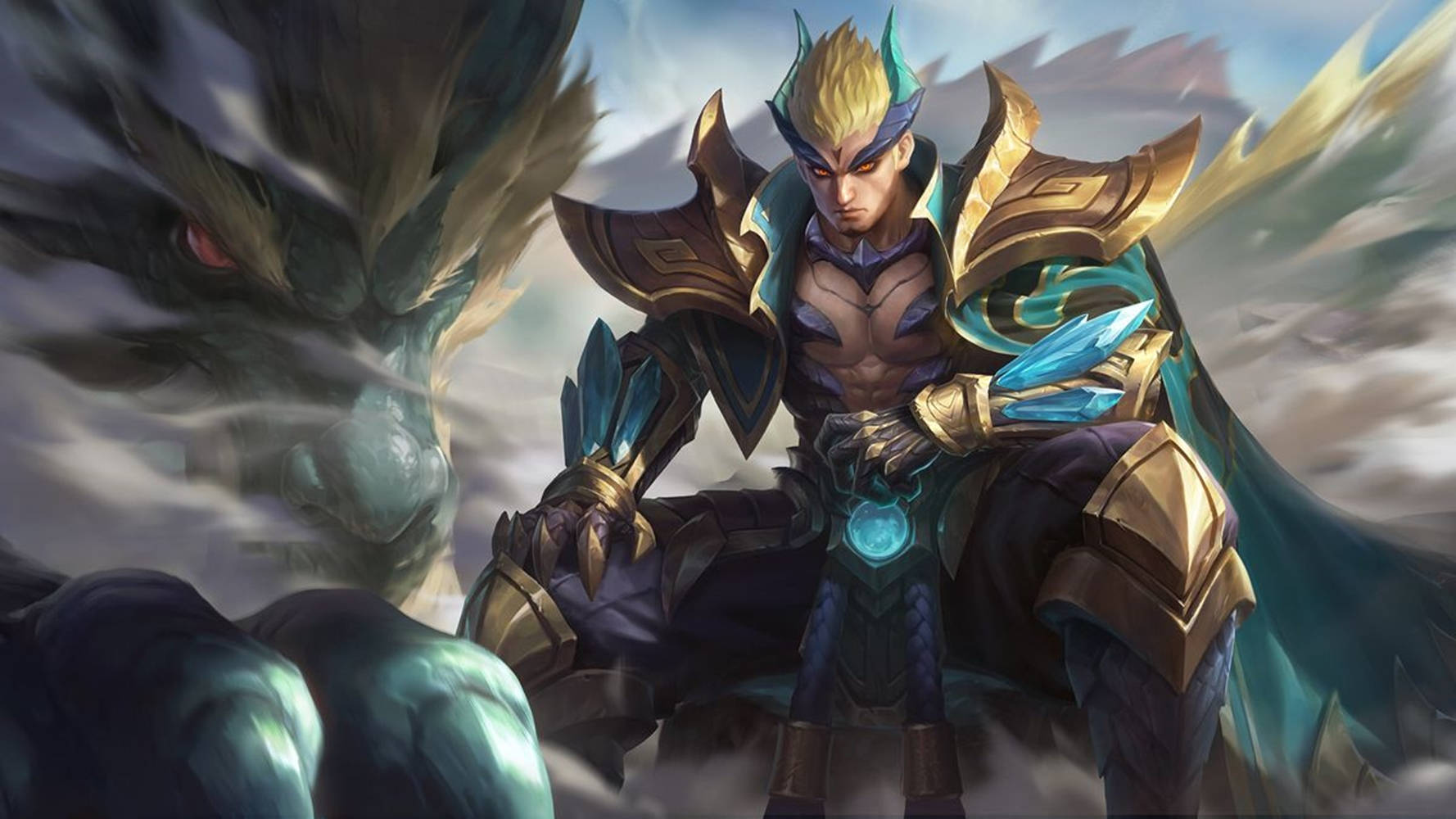 heroes 桌布 壁紙 — 一個肌肉發達的戰士穿著華麗的金色和藍色盔甲，在暴風雨的天空中挑釁地站在一隻巨大的咆哮龍旁邊。