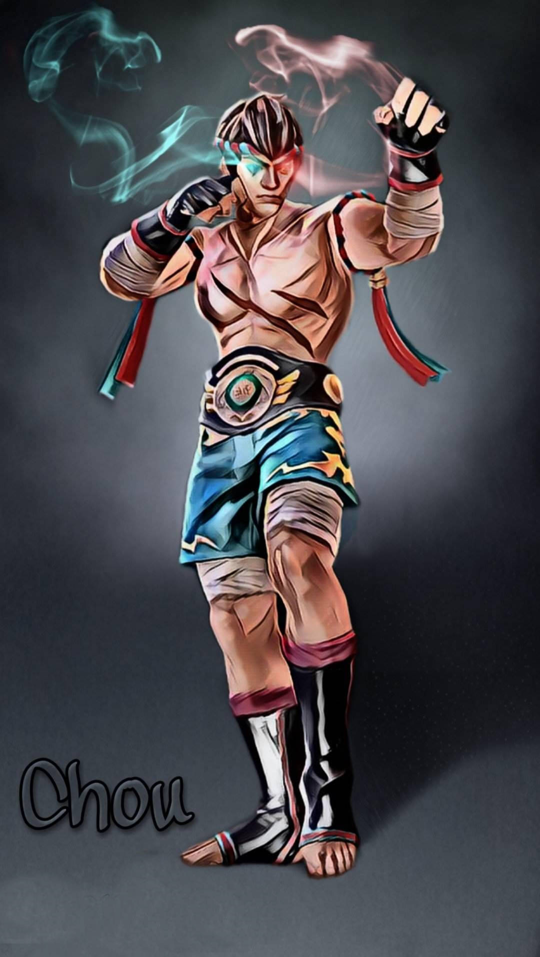 Mobile Legends 動態圖 桌布 壁紙 — 一個肌肉發達的戰士穿著藍色短褲和黑色靴子，以戰鬥姿勢站立，眼睛發光，拳頭周圍有旋轉的能量。