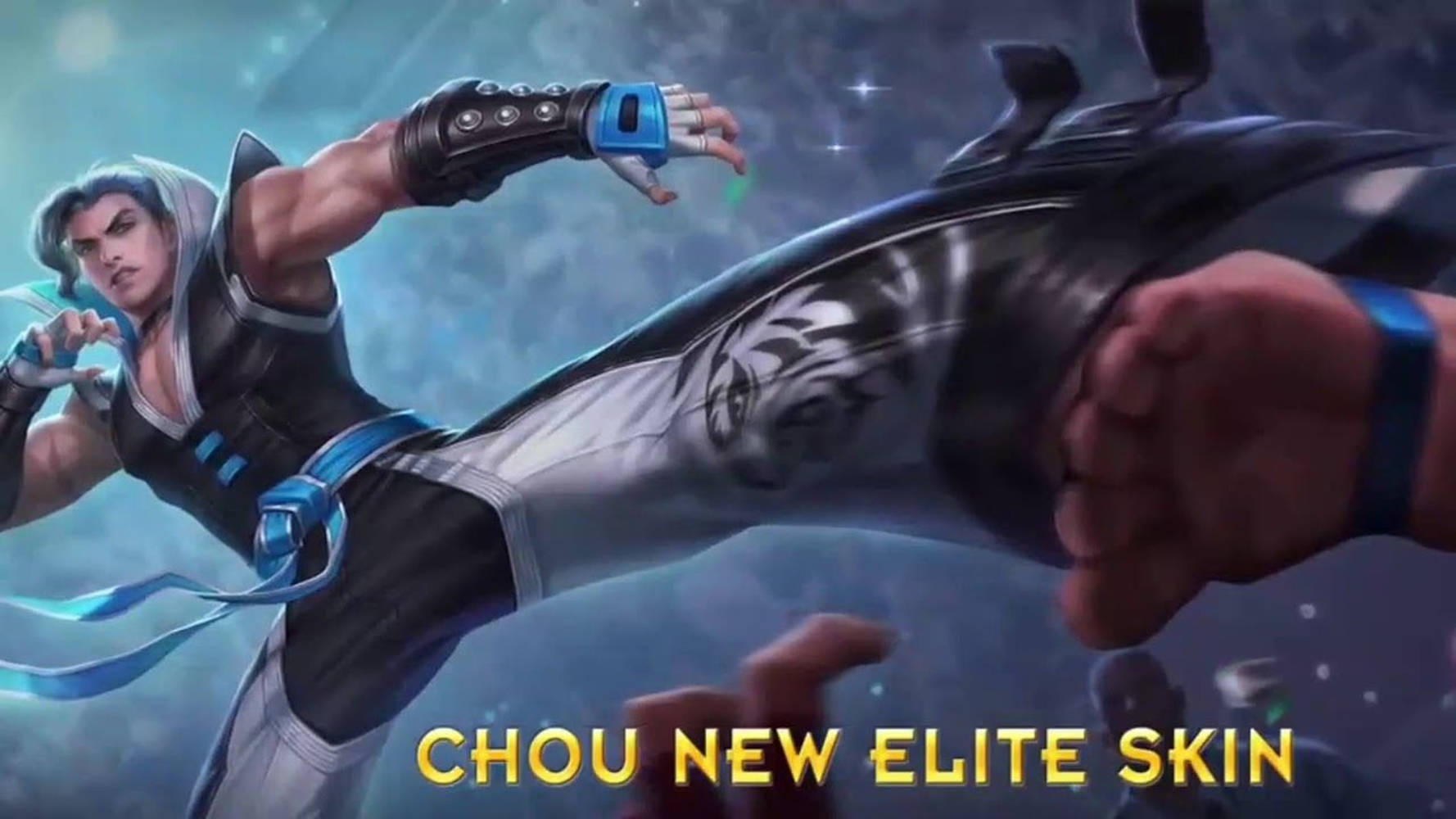 Mobile Legends 動態圖 桌布 壁紙 — 一個肌肉發達的戰士穿著黑色和藍色盔甲，在發光的宇宙背景下踢出強力一腳。