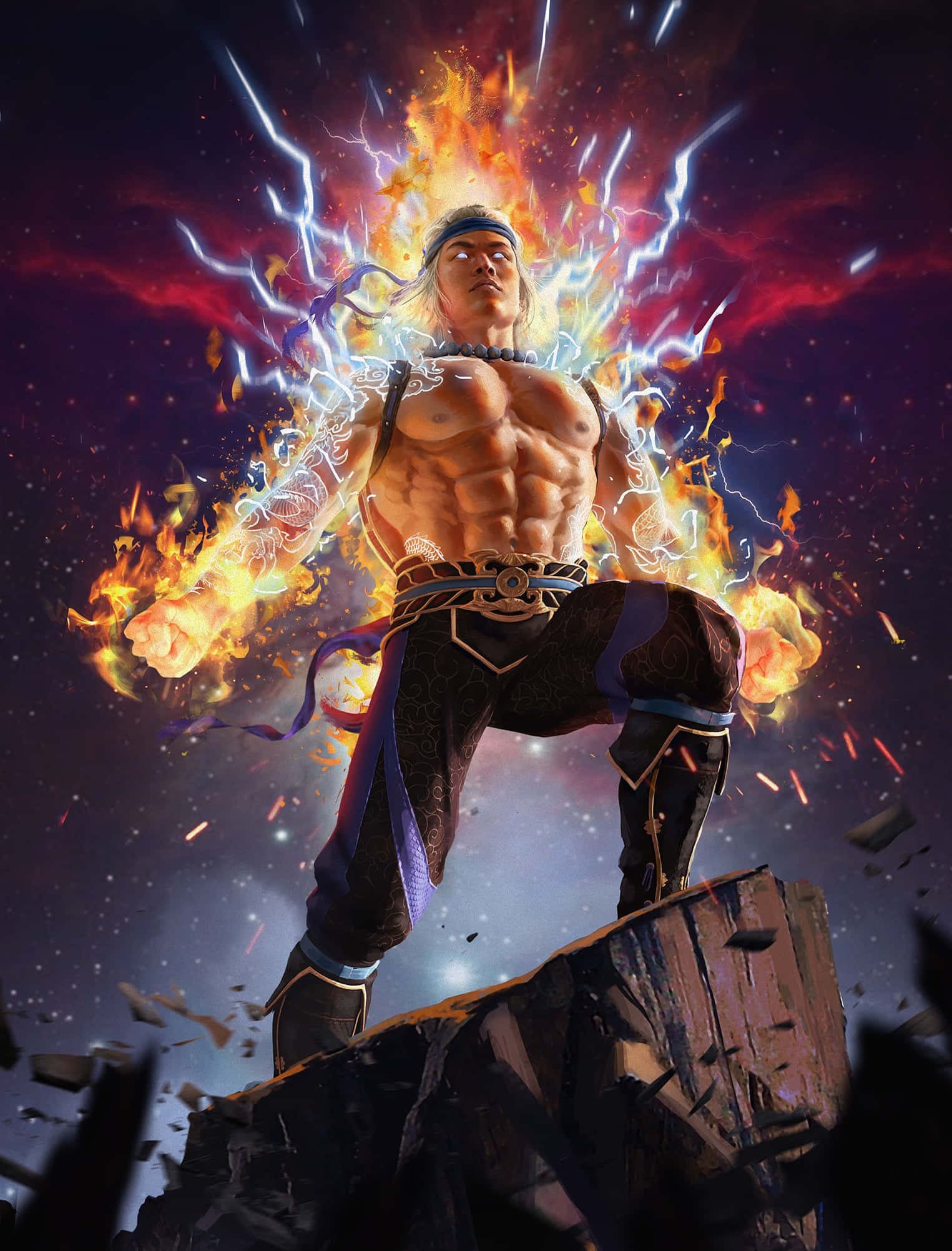 Mortal Kombat Liu Kang 桌布 壁紙 — 一個肌肉發達的戰士站在破碎的懸崖頂上，在宇宙天空的背景下散發出火焰和閃電。
