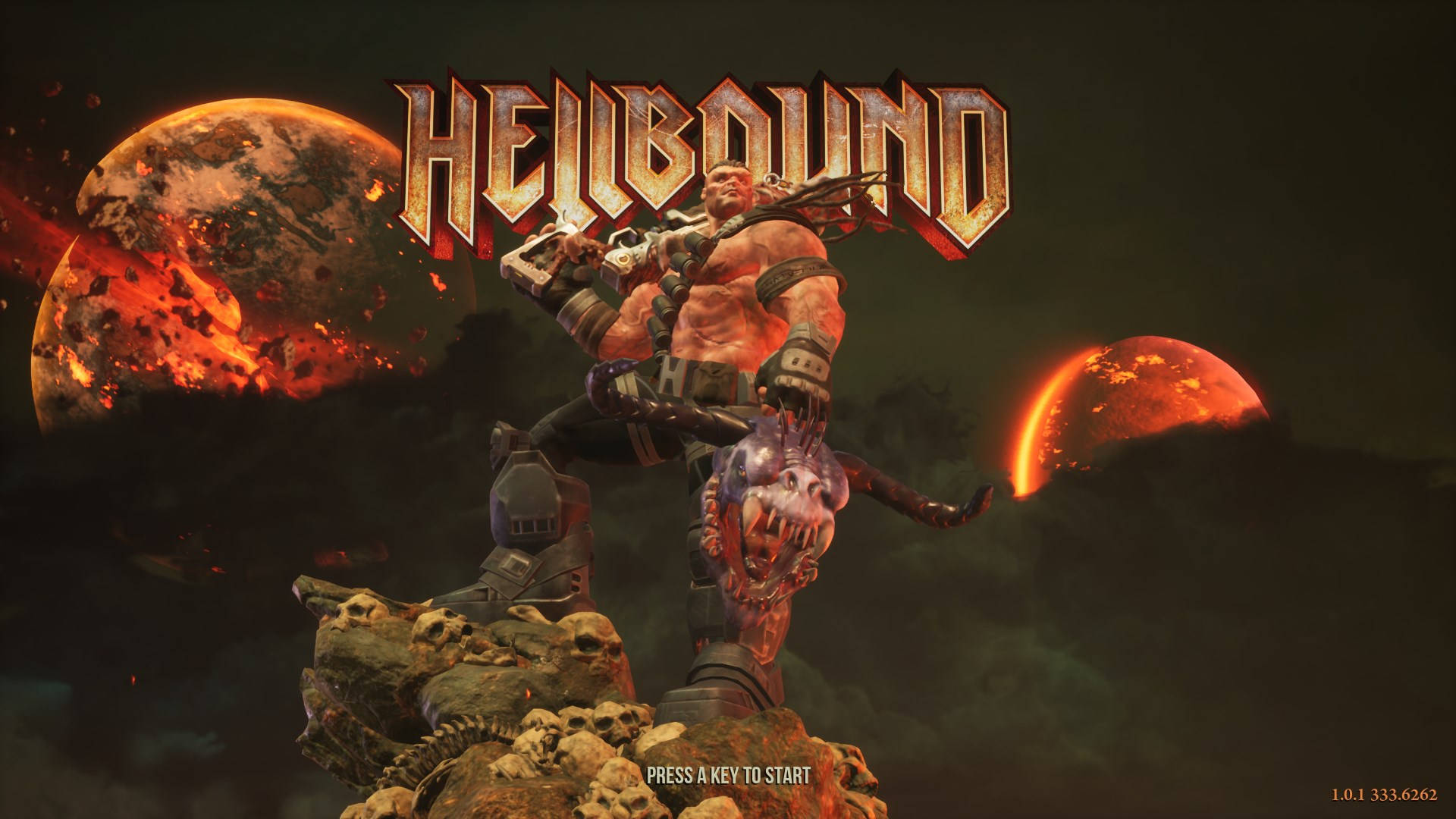Hellbound 桌布 壁紙 — 一個肌肉發達的戰士站在頭骨上，手持惡魔頭顱，背景是熾熱的地獄天空和發光的行星。