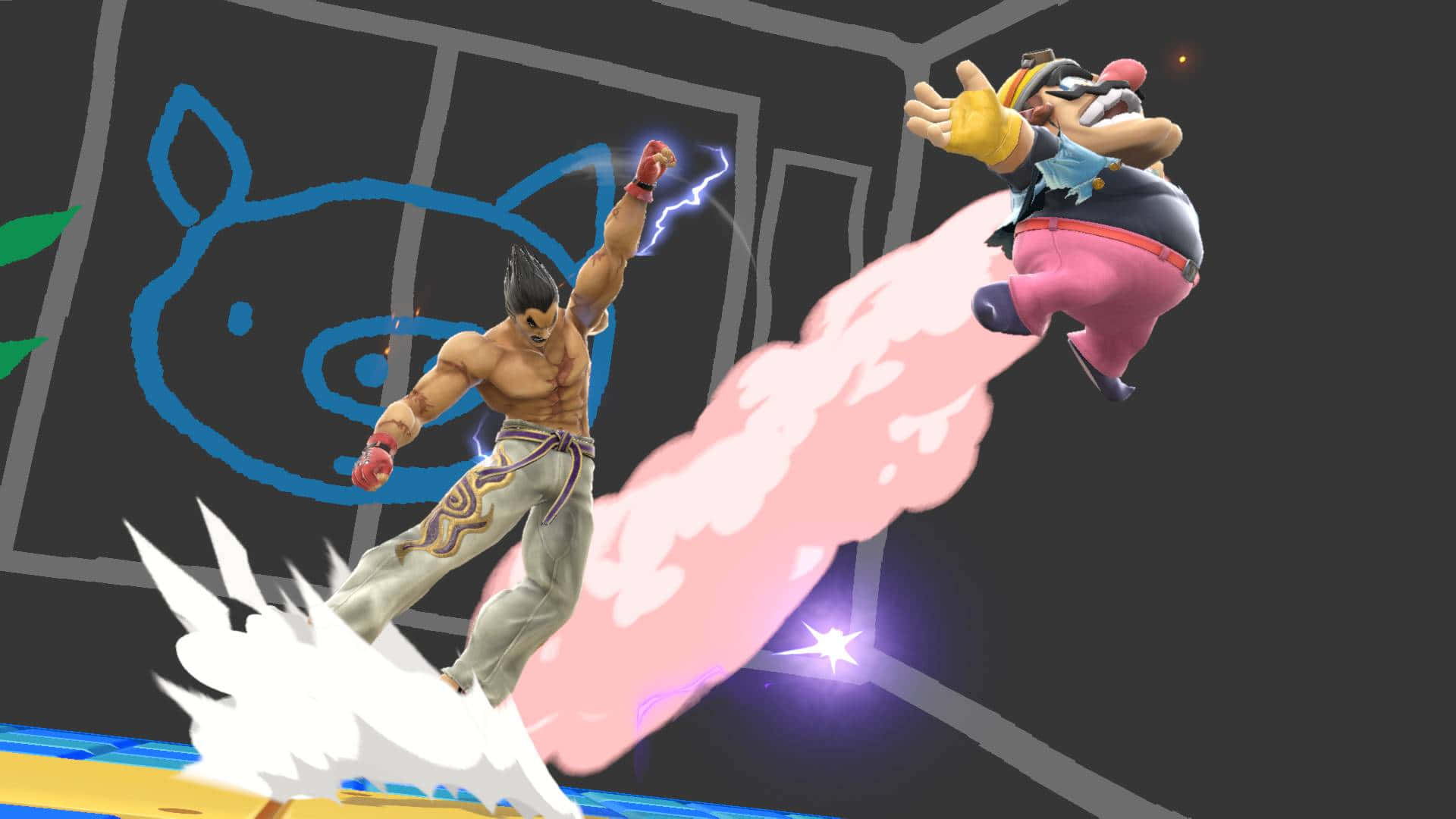 Fighting Games 桌布 壁紙 — 一個肌肉發達的戰士釋放出閃電拳擊，而一個豬臉反派被粉紅色能量爆炸向後推進。
