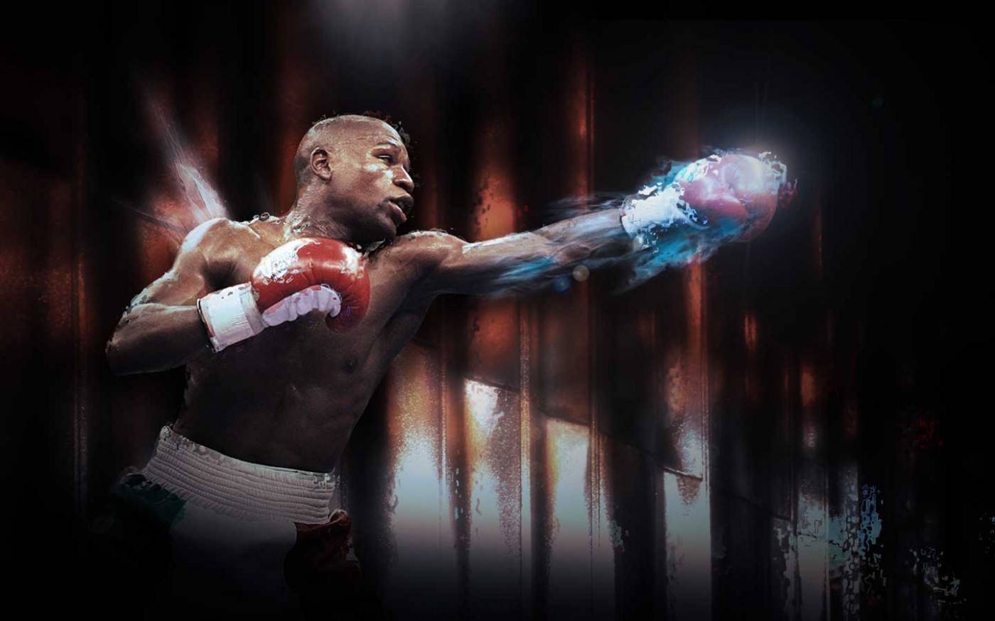 Digital 桌布 壁紙 — 一個肌肉發達的拳擊手戴著紅色手套，在黑暗生鏽的金屬背景下打出發光的藍色拳擊。