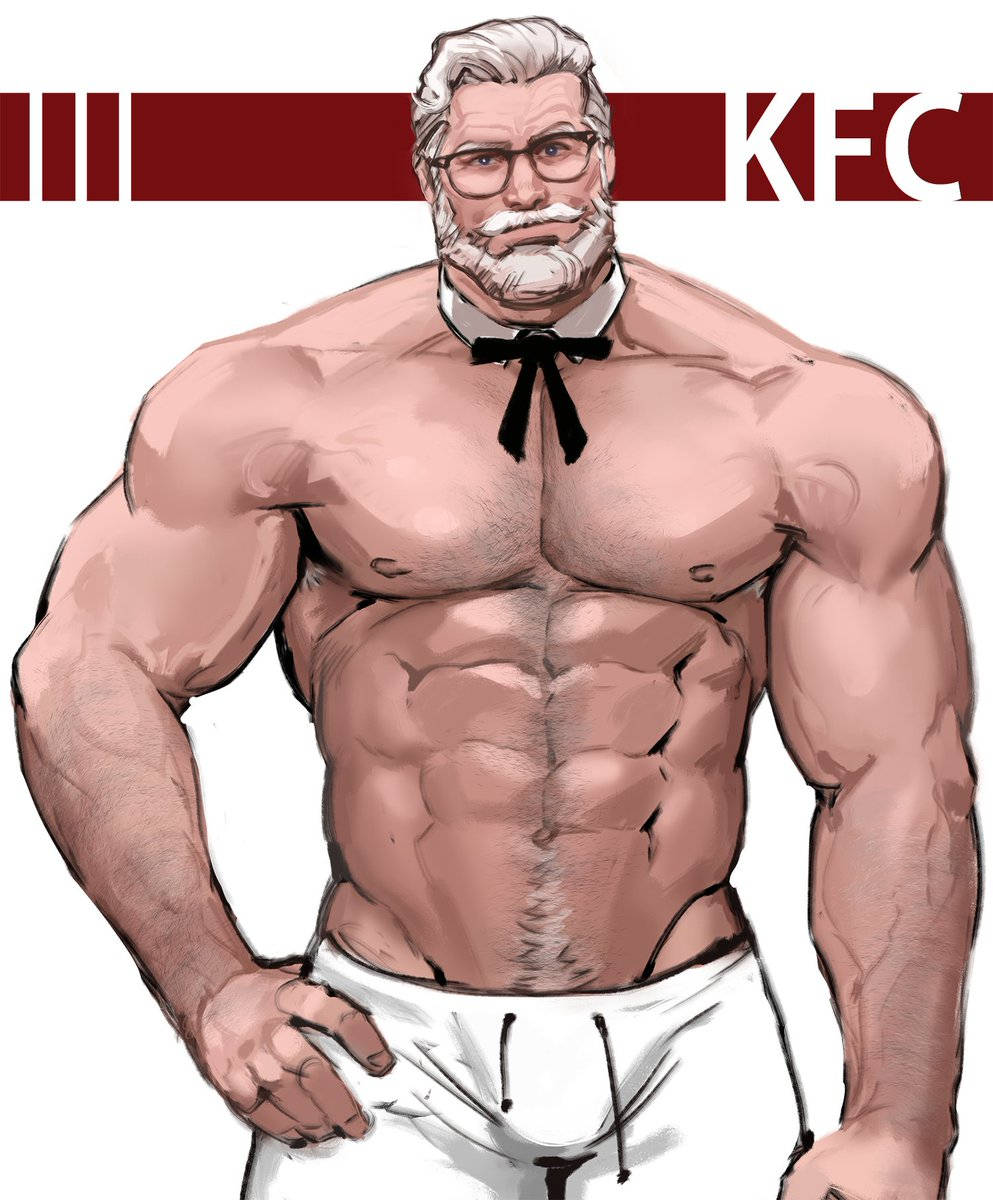 Kfc 桌布 壁紙 — 一個肌肉發達的插圖男子，白髮白鬍鬚，穿著黑色蝴蝶結和白色內褲，背景是KFC標誌。