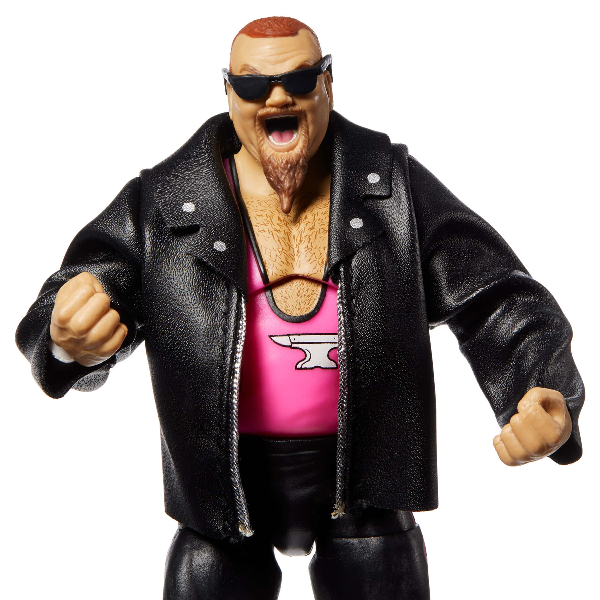WWE 桌布 壁紙 — 一個肌肉發達的摔角動作人偶，身穿黑色皮夾克和粉紅色背心，在白色背景前握緊拳頭咆哮。
