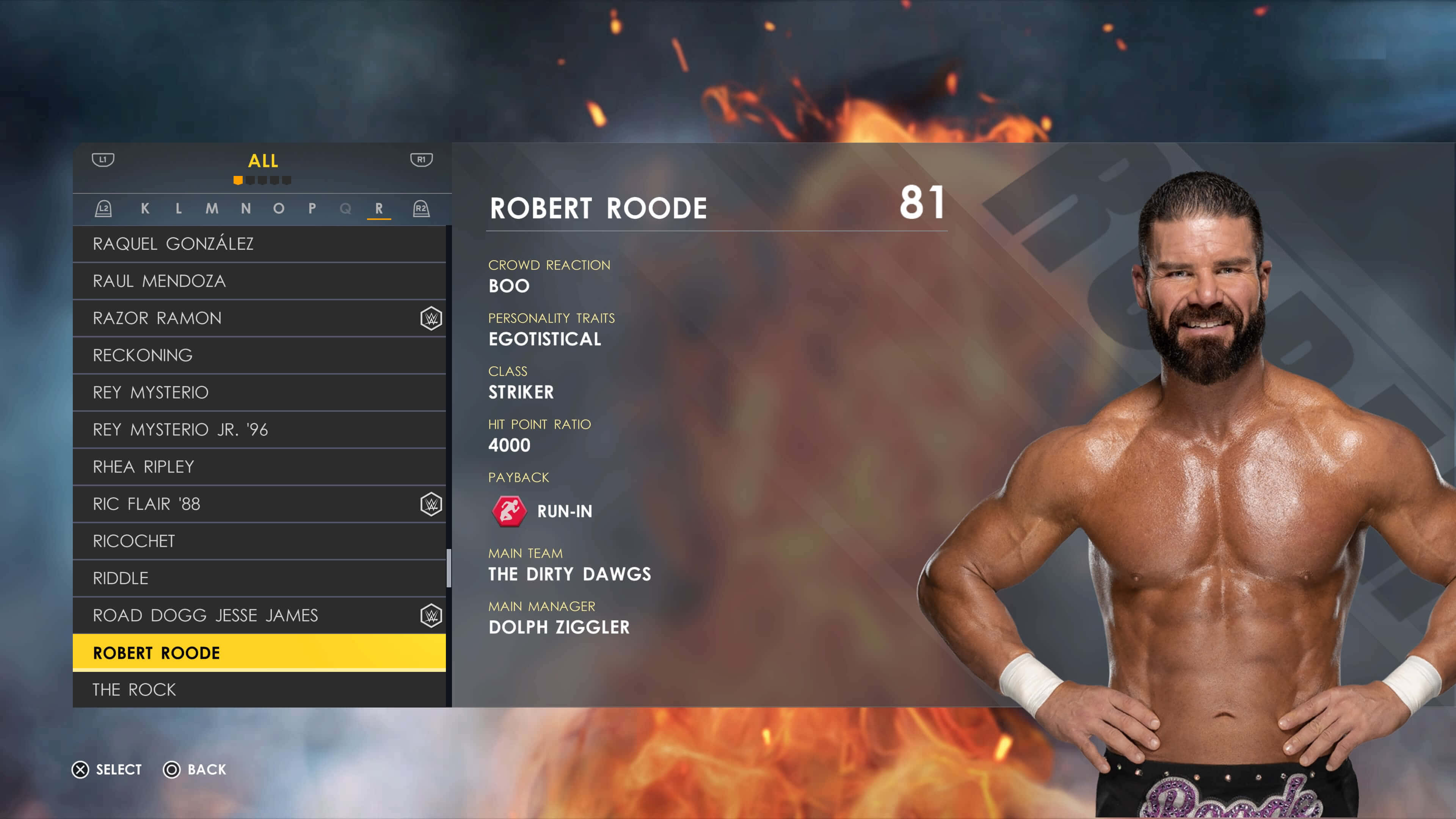 摔角 桌布 壁紙 — 一個肌肉發達的摔角手 Robert Roode 自信地雙手叉腰，站在火熱背景前，出現在電子遊戲角色選擇畫面中。