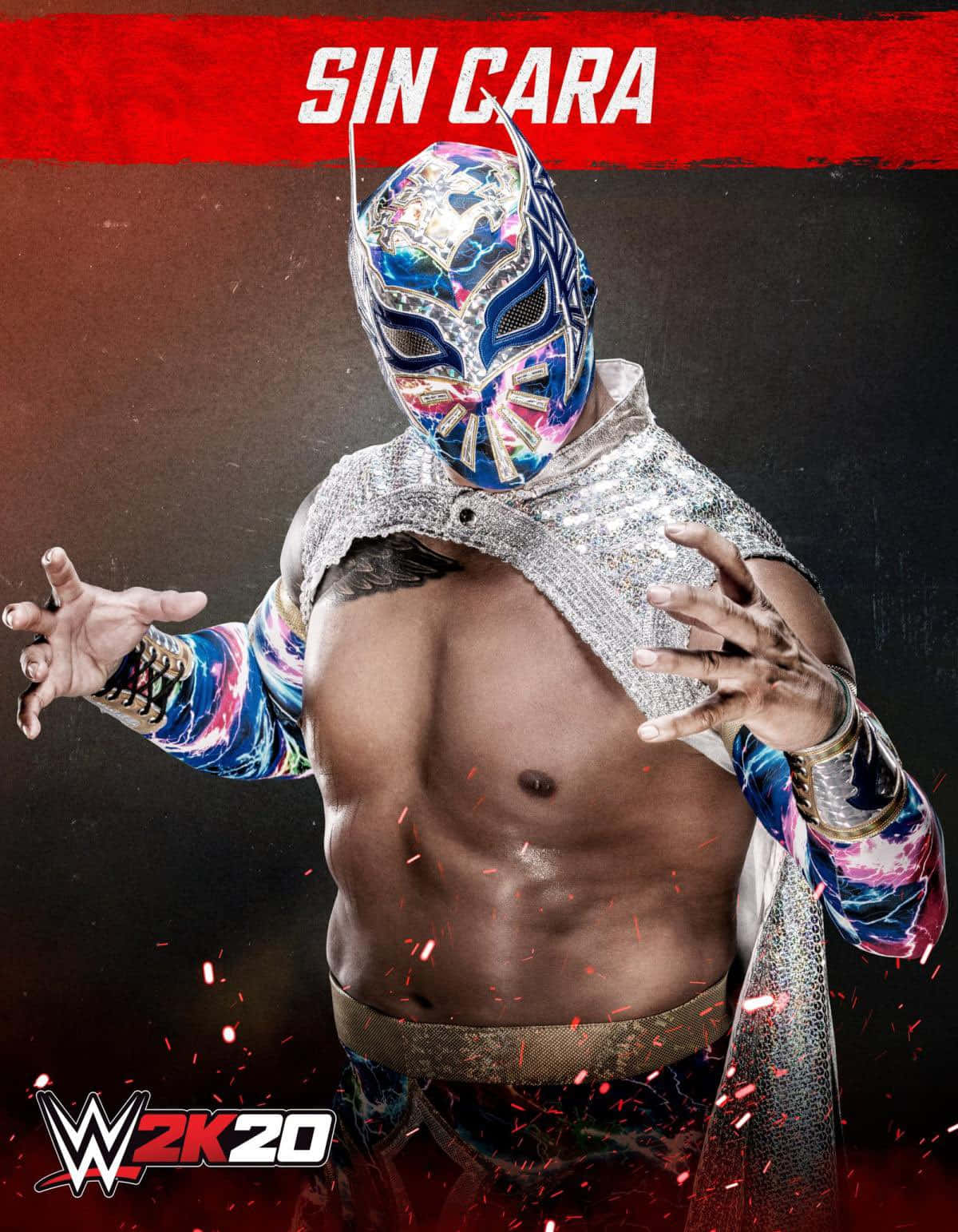 WWE 桌布 壁紙 — 一個肌肉發達的摔角手，戴著鮮豔的藍銀色面具和閃閃發光的斗篷，在黑暗背景前動態擺姿勢，紅色火花飛舞。
