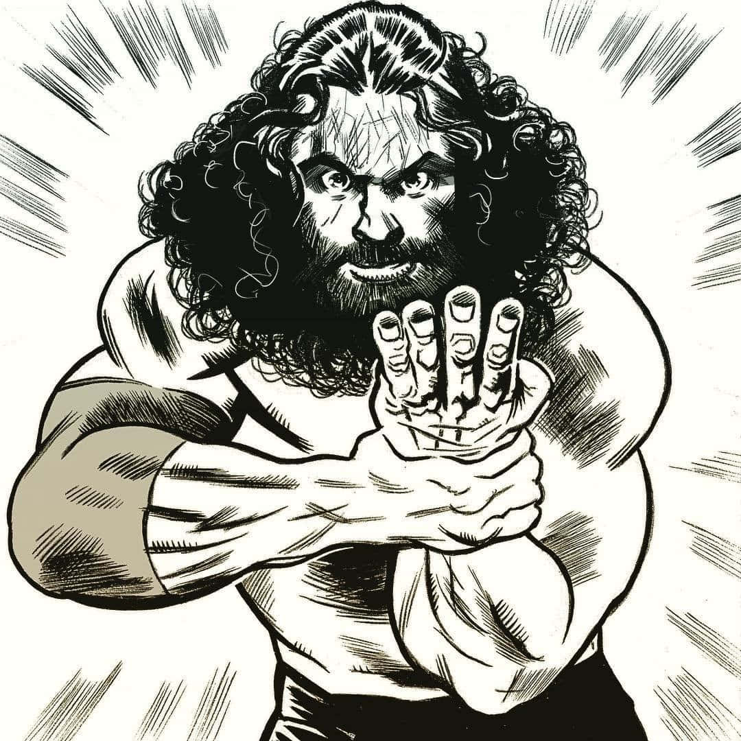 WWE 桌布 壁紙 — 一個肌肉發達的摔角手，有著狂野的捲髮和鬍鬚，握緊拳頭向前咆哮，伴隨著動態的速度線。