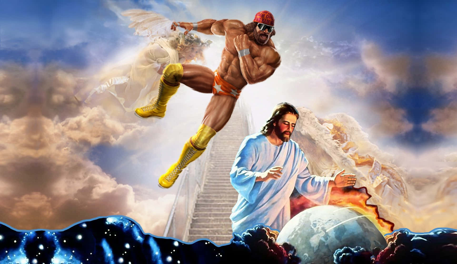 WWE 桌布 壁紙 — 一個肌肉發達的摔角手，穿著橙色短褲和黃色靴子，穿過雲層跳向一個留鬍鬚、身穿白袍、手持地球儀的男人。