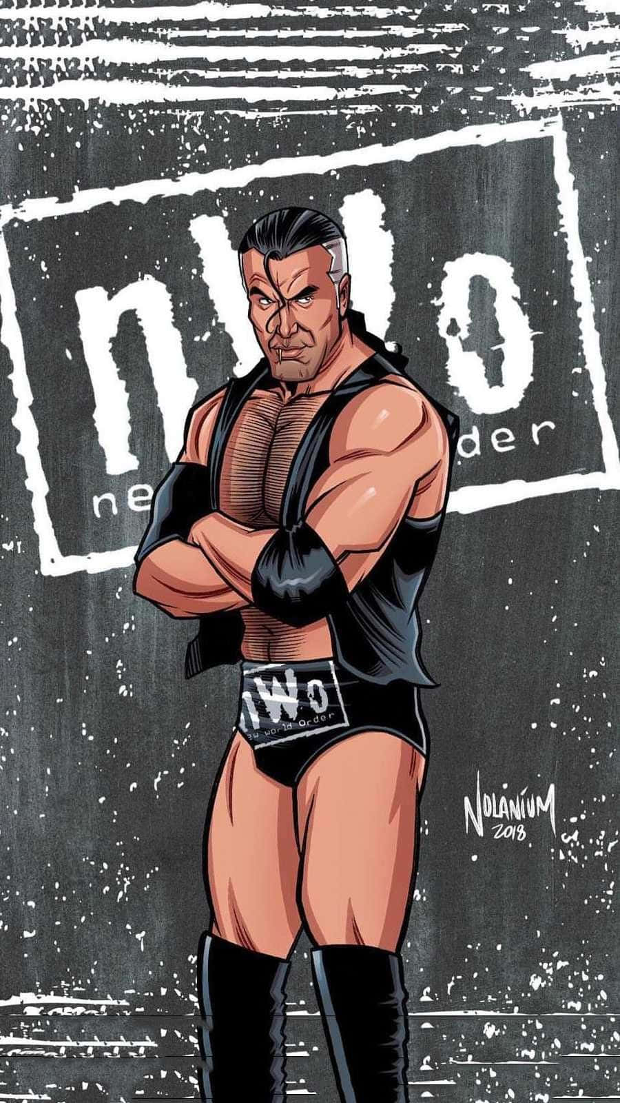 Scott Hall 桌布 壁紙 — 一個肌肉發達的摔角手交叉雙臂，挑釁地站在破舊的NWO標誌前，背景是粗糙的牆壁。