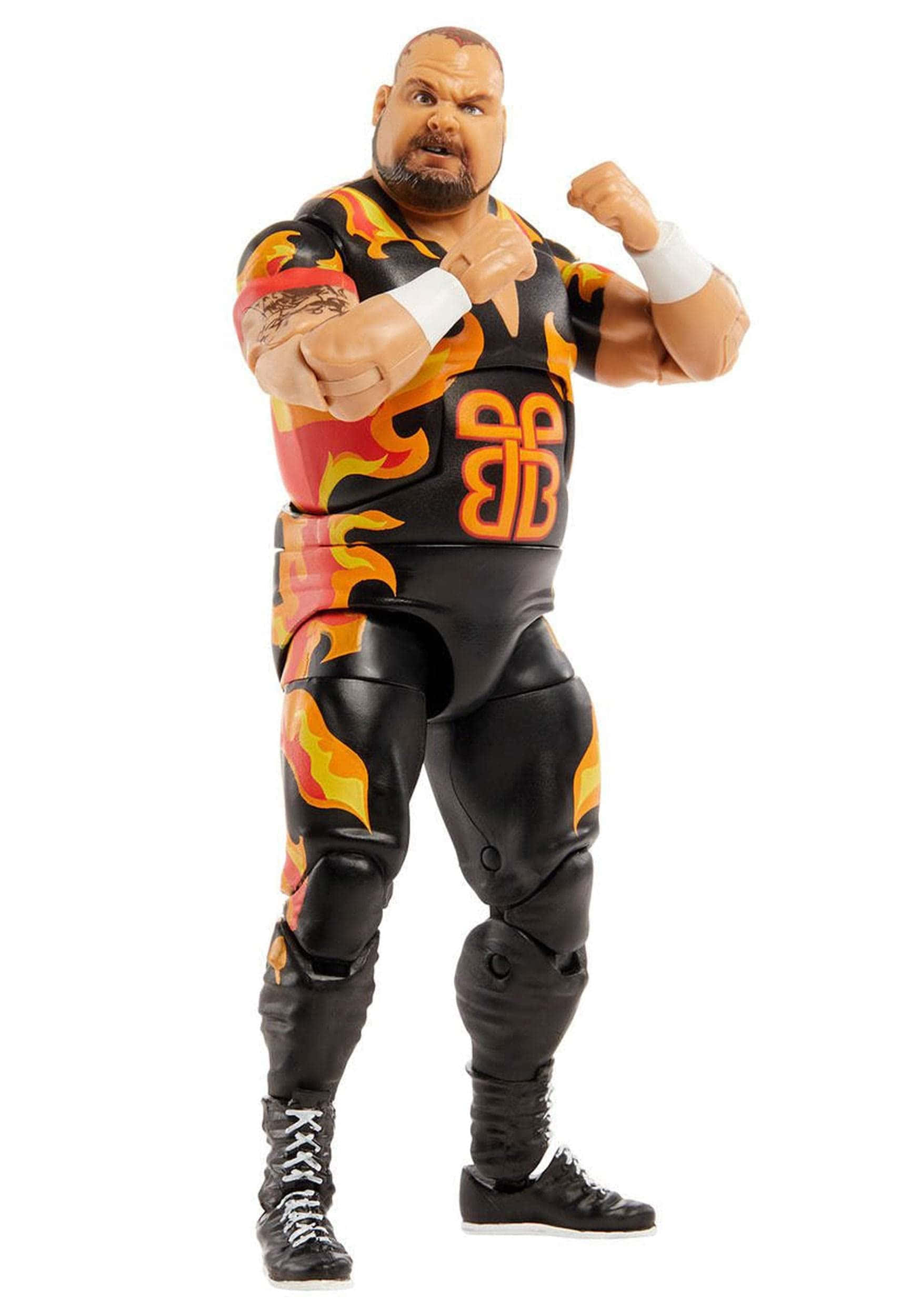 WWE 桌布 壁紙 — 一個肌肉發達的摔角手動作人偶，身穿黑色和橙色火焰圖案服裝，在白色背景前握拳擺姿勢。