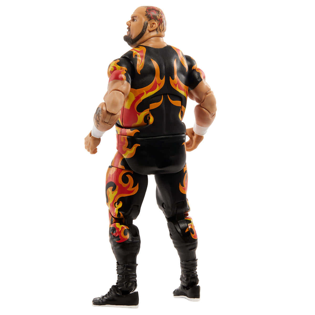 WWE 桌布 壁紙 — 一個肌肉發達的摔角手動作人偶，身穿黑色火焰圖案服裝，側面站立在純白背景前。