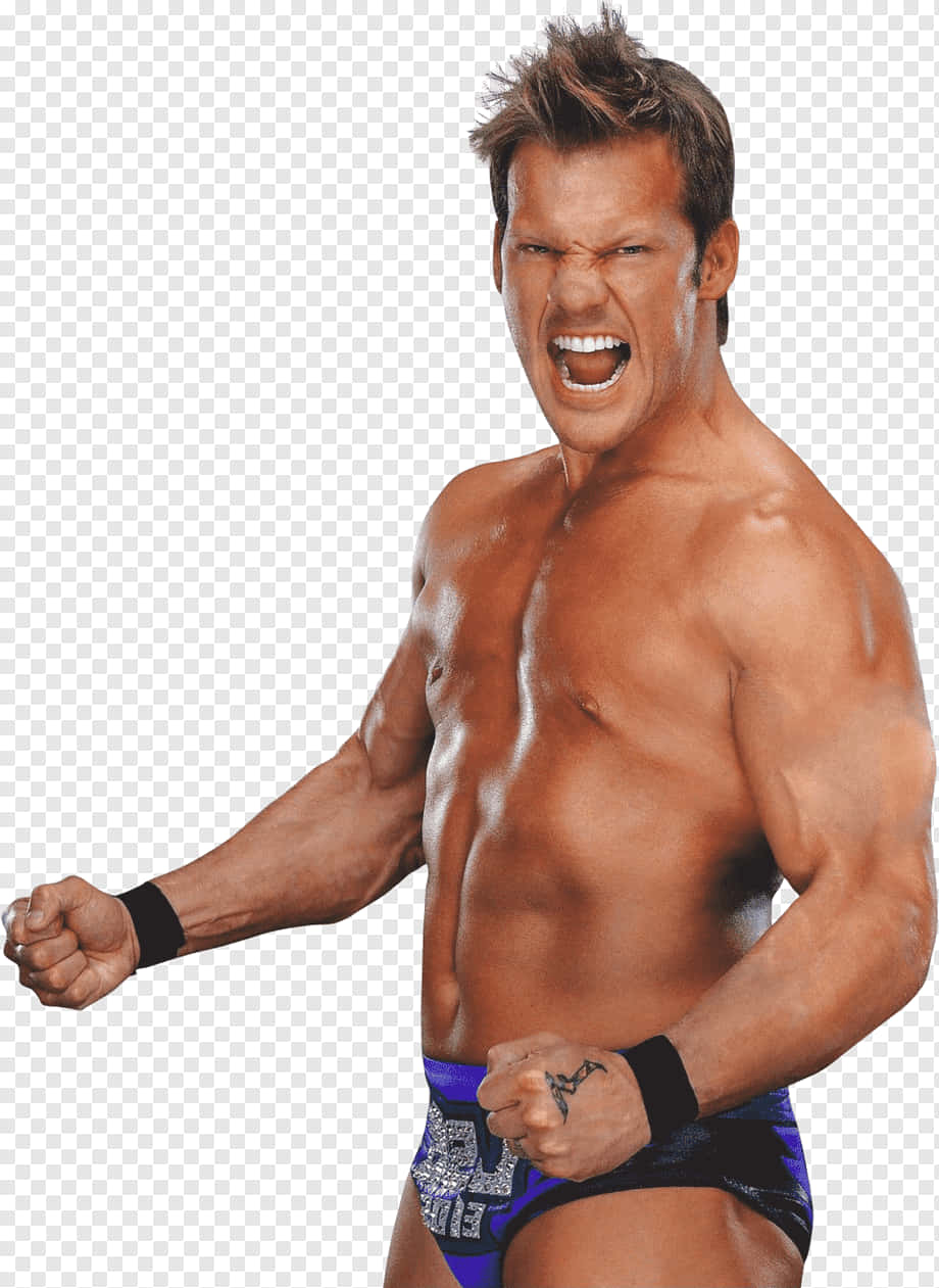 WWE 桌布 壁紙 — 一個肌肉發達的摔角手在透明背景上，穿著藍色短褲和黑色腕帶，握緊拳頭咆哮。