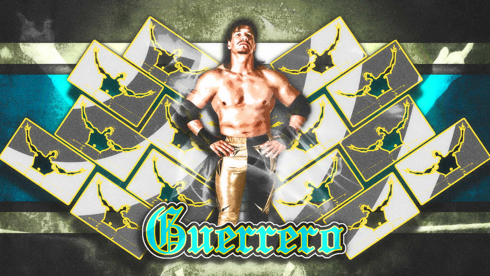Wrestling 桌布 壁紙 — 一個肌肉發達的摔角手穿著金色褲子，自信地站在重複的黃色剪影卡片之間，背景是藍綠色和灰色的紋理背景。