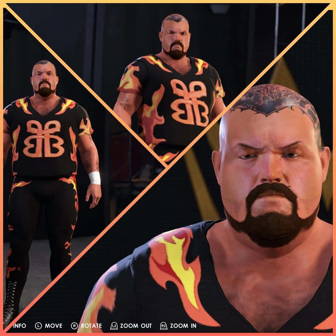 WWE 桌布 壁紙 — 一個肌肉發達的摔角手穿著黑色火焰圖案服裝，帶有橙色和黃色點綴，在黑暗背景下以三個動態姿勢展示。