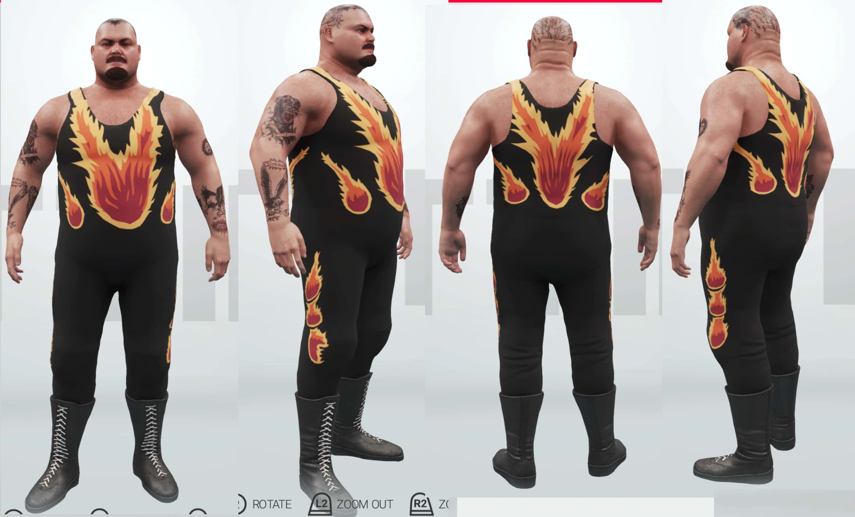 WWE 桌布 壁紙 — 一個肌肉發達的摔角手穿著黑色火焰圖案緊身衣和靴子，在純色工作室背景前從多個角度展示。