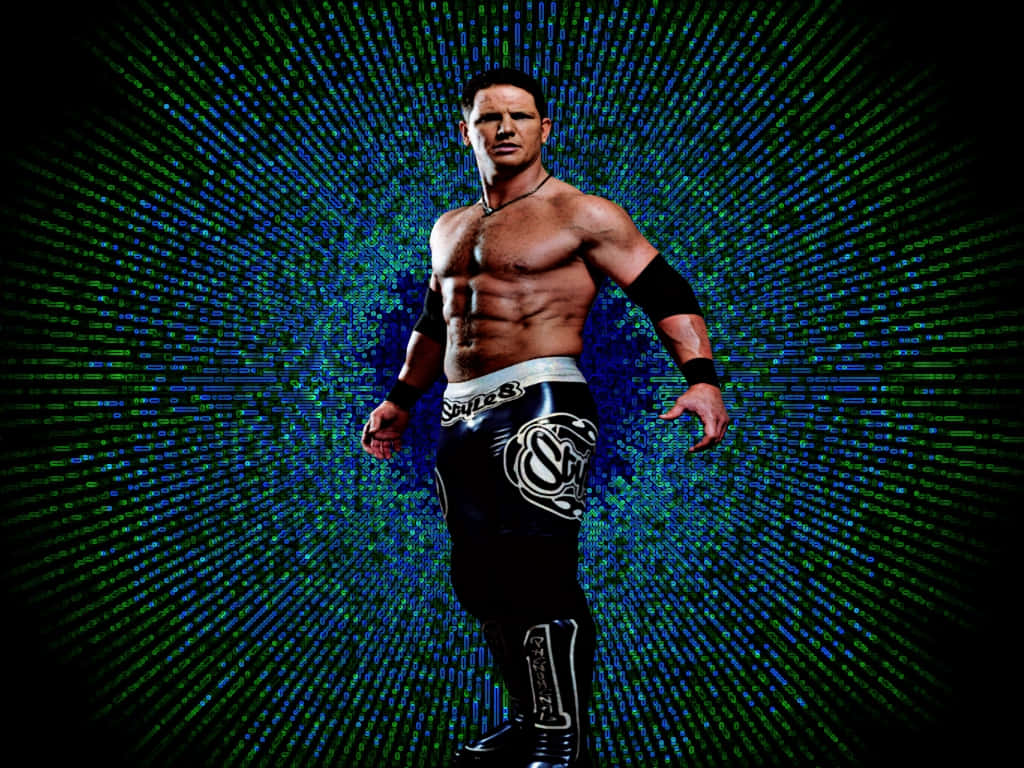 WWE 桌布 壁紙 — 一個肌肉發達的摔角手自信地站在發光的數位矩陣背景前，綠色和藍色的代碼向外輻射。