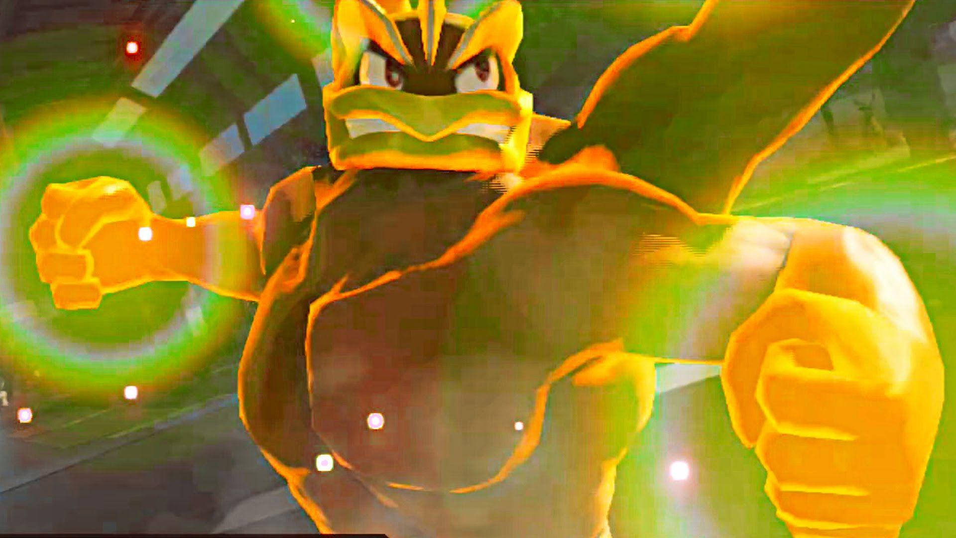 Machamp 桌布 壁紙 — 一個肌肉發達的擬人化青蛙，帶有發光的綠色光環和緊握的拳頭，以動態的遊戲姿勢站立。