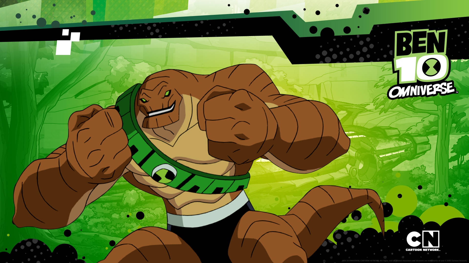 Ben 10 Omnitrix 桌布 壁紙 — 一個肌肉發達的棕色外星人，綠色眼睛和綠色腰帶，在充滿活力的綠色背景下強力擺姿勢。