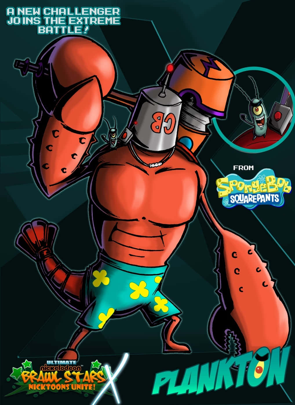 Larry The Lobster 桌布 壁紙 — 一個肌肉發達的橙色浮游生物，穿著帶有黃色十字的綠色短褲，在深藍綠色背景前揮舞著巨大的機械手臂，準備戰鬥。