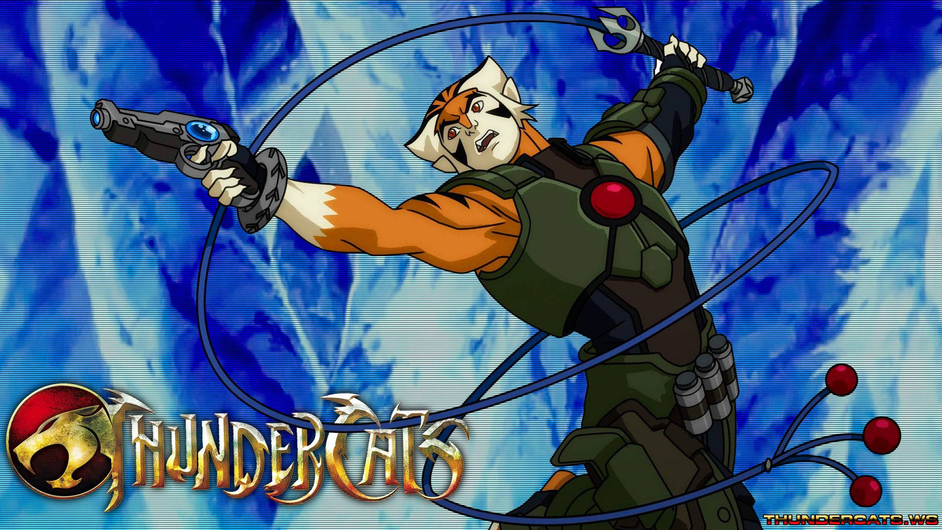 Thundercats 桌布 壁紙 — 一個肌肉發達的橙色老虎戰士穿著綠色盔甲，在鋸齒狀的藍色冰背景前揮舞鞭子和手槍。