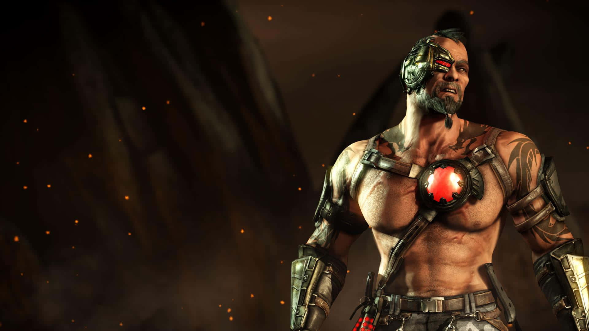 Mortal Kombat Kano 桌布 壁紙 — 一個肌肉發達的機械戰士，帶有發光的紅色眼睛和胸部徽章，站在煙霧瀰漫的黑暗環境中，周圍有漂浮的餘燼。
