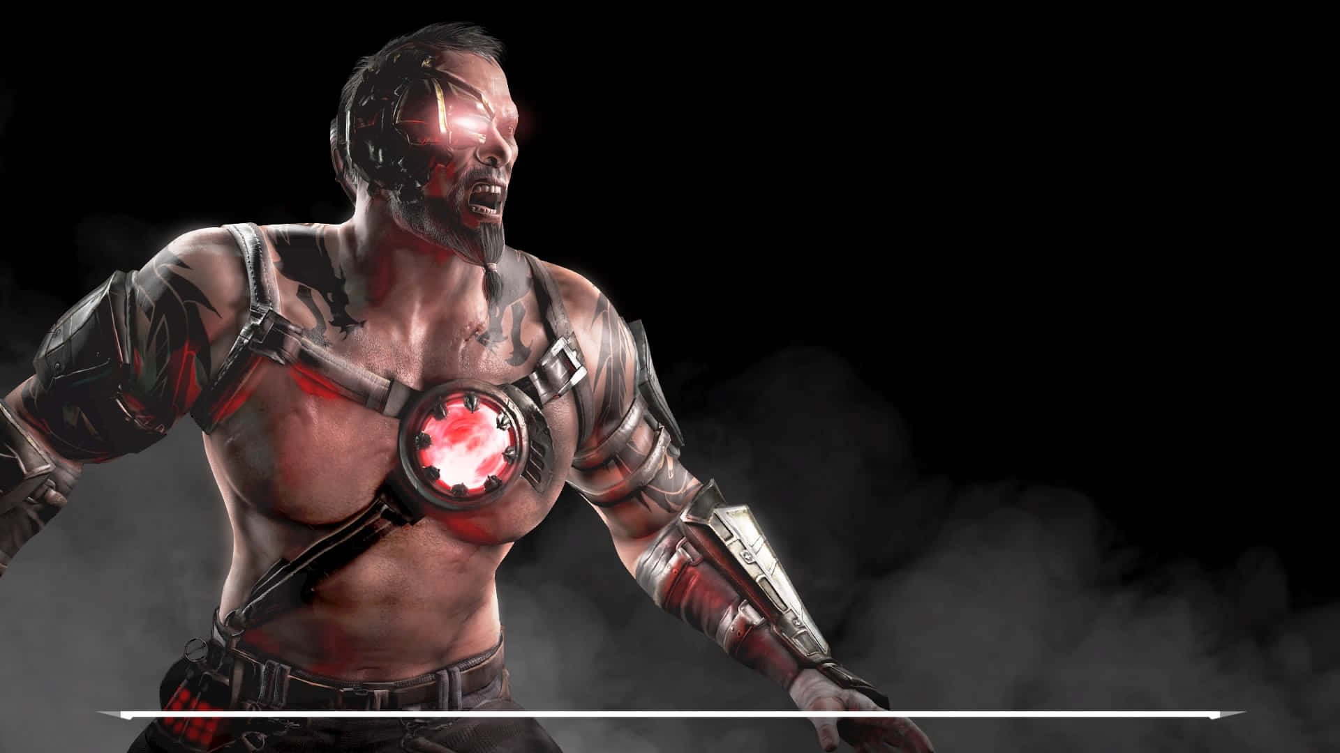 Mortal Kombat Kano 桌布 壁紙 — 一個肌肉發達的機械戰士，擁有發光的紅色眼睛和胸部反應器，在煙霧瀰漫的黑暗背景中咆哮。
