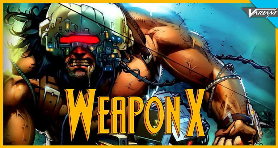 Weapon X 桌布 壁紙 — 一個肌肉發達的機械戰士，擁有發光的紅色眼睛和機械增強裝置，在深藍色背景下兇猛咆哮。
